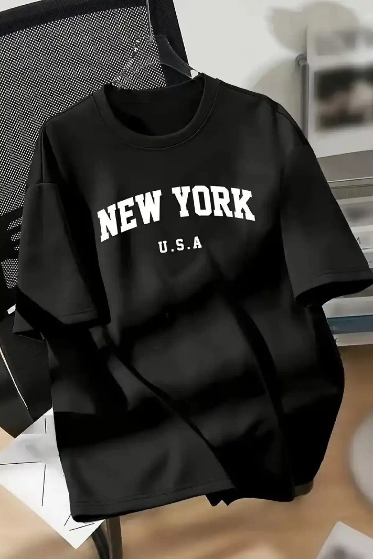 20/1 Penye Compack New York Baskılı Oversize Kısa Kol Bisiklet Yaka T-shirt - Siyah