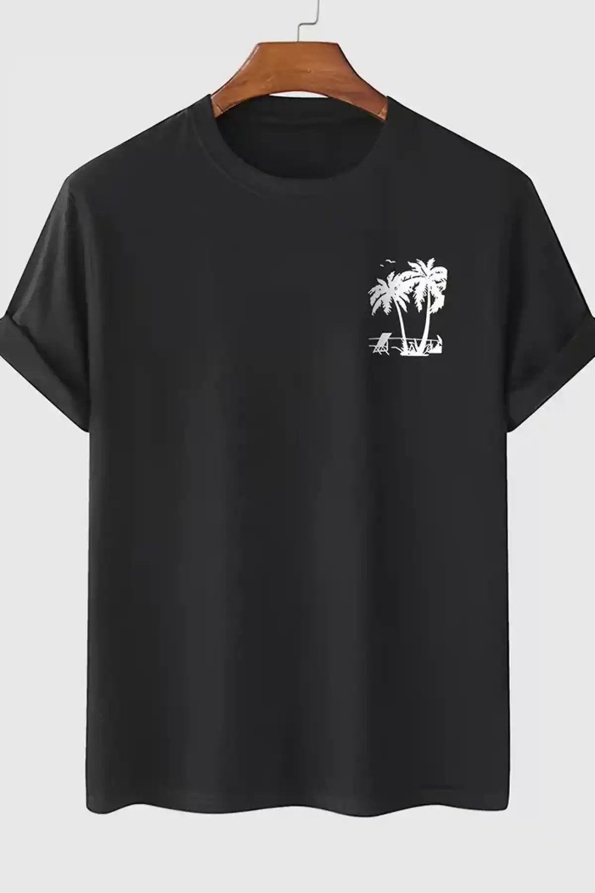 20/1 Penye Compack Palmiye Baskılı Oversize Bisiklet Yaka Kısa Kol T-shirt - Siyah