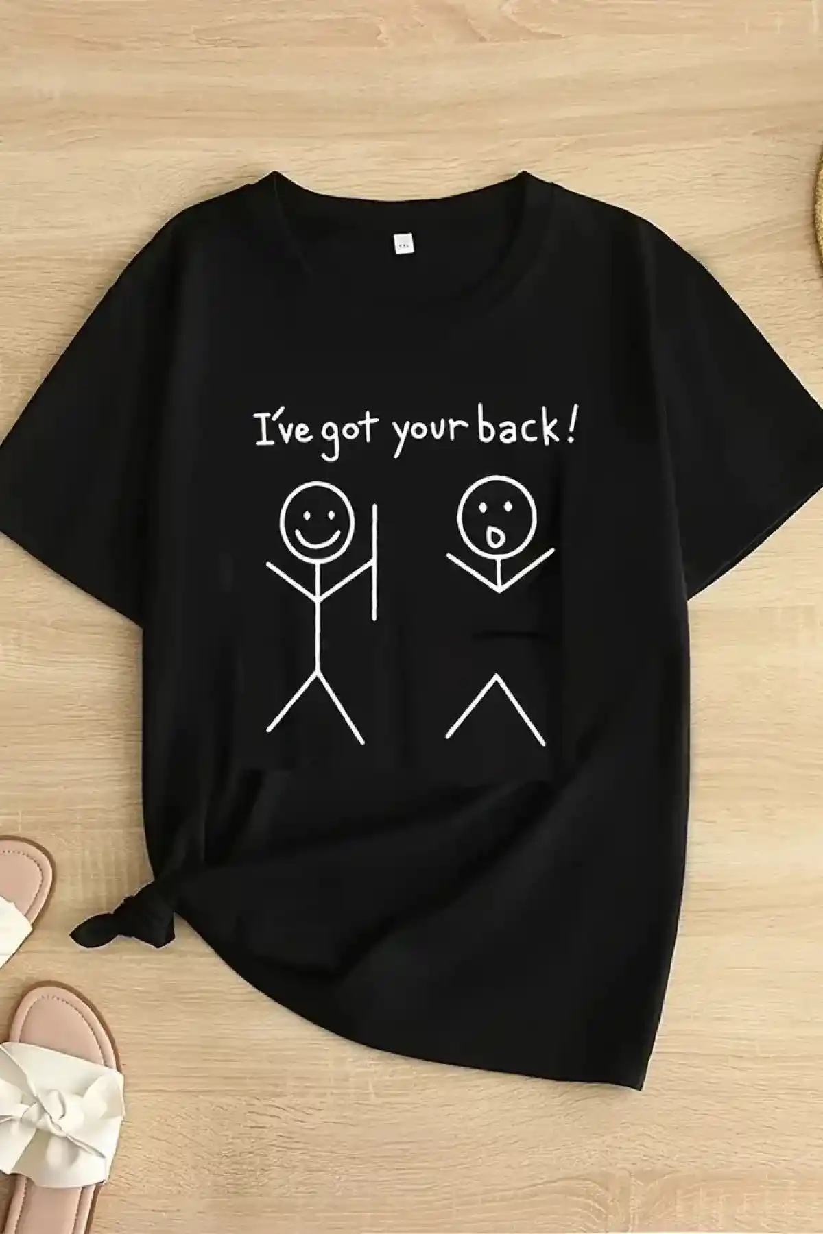 Kadın Beyaz Ive Got Your Back Grafik Tişört - Eğlenceli Çubuk Tasarımlı Oversize Günlük Kısa Kollu Tişört, Polyester Örgü, Yuvarlak Yaka, İlkbahar ve Yaz için Mükemmel, Günlük Giyim Tişört | Eğlenceli Tasarım | Polyester Kumaş- Siyah