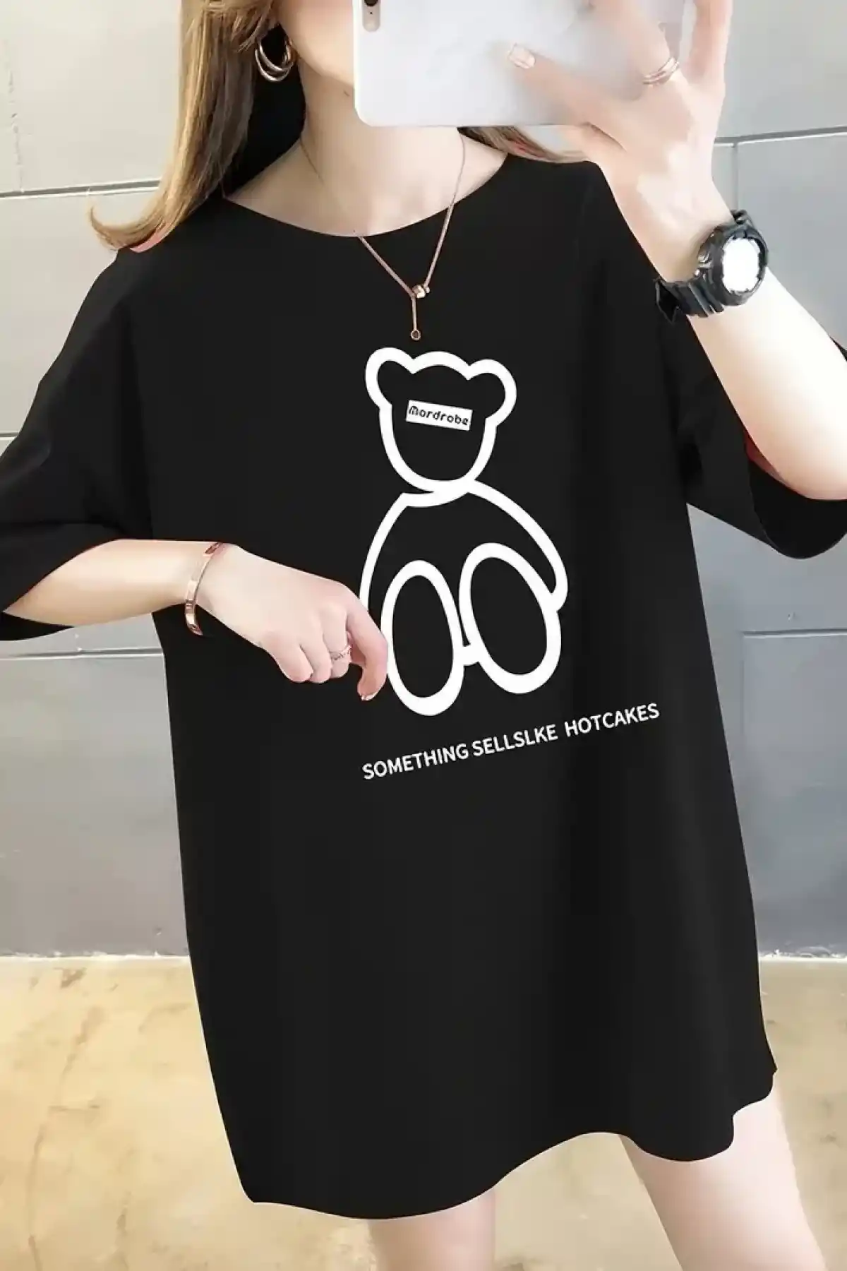 20/1 Penye Compack Ön Arka Baskılı Oversize Bisiklet Yaka T-shirt - Siyah