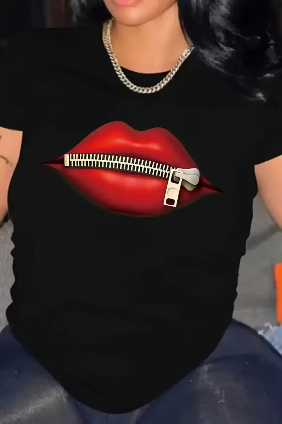 fermuar dudak baskılı tişört bisiklet yaka kısa kollu tişört - Siyah