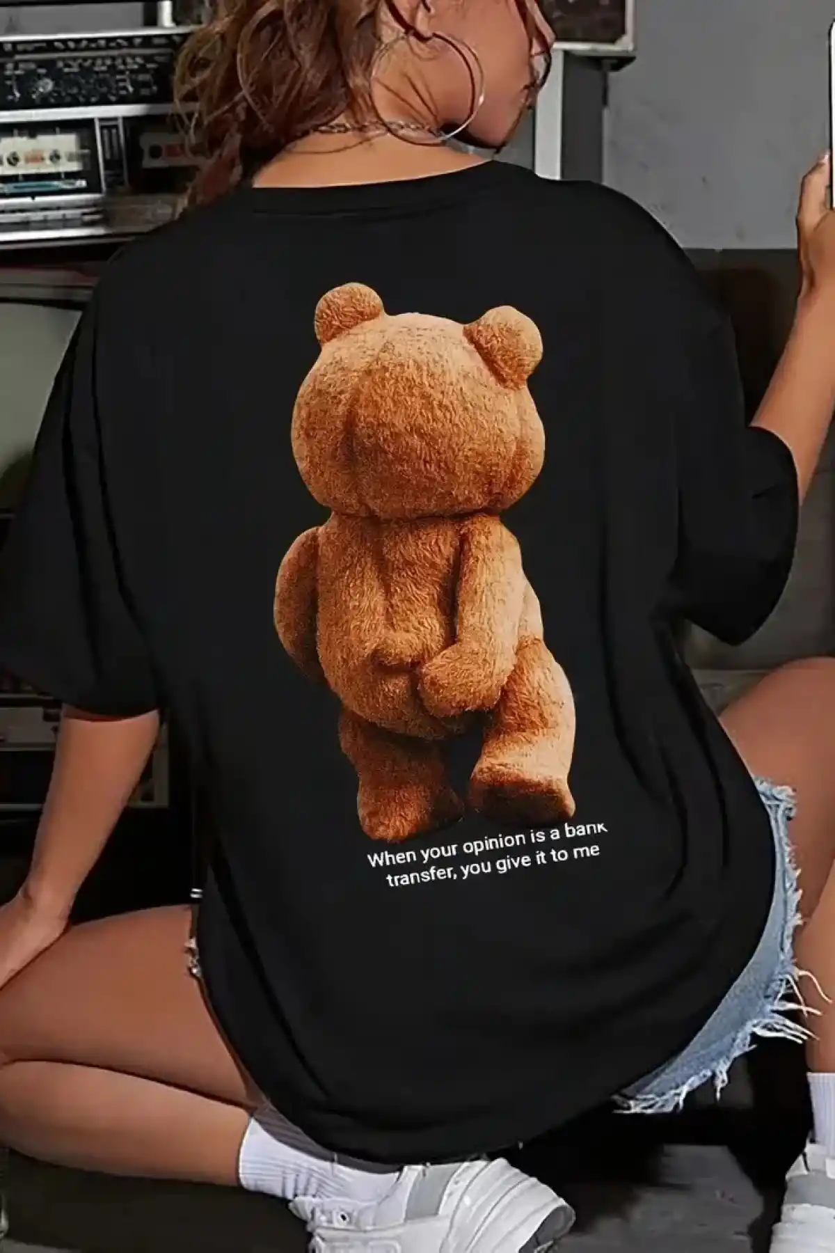 Büyük Boy Ayıcık Baskılı Bisiklet Yaka T-Shirt, İlkbahar & Yaz İçin Rahat Kısa Kollu T-Shirt, Kadın Giyim - Siyah