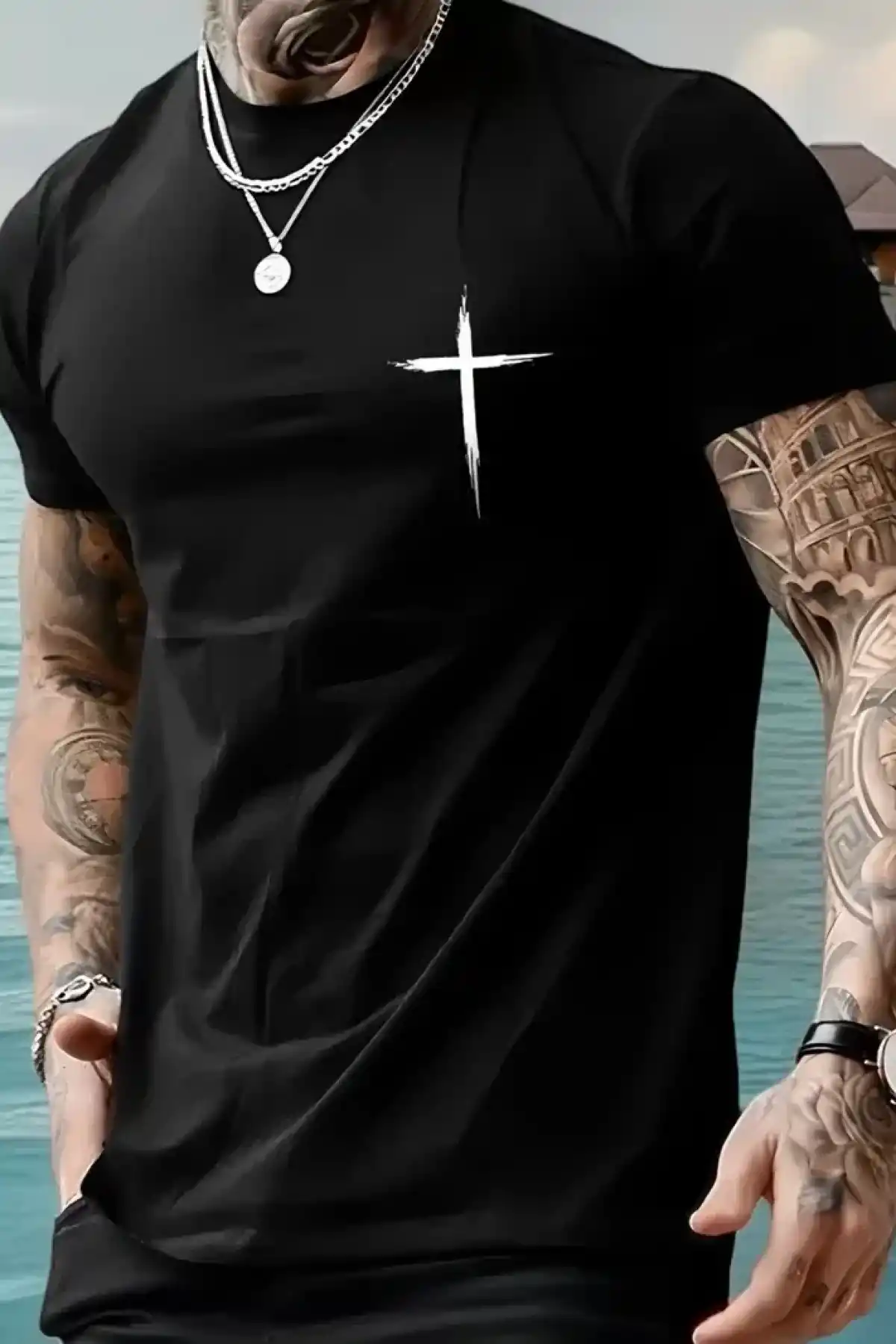 20/1 Penye Compack Baskılı Oversize Bisiklet Yaka Kısa Kol T-shirt - Siyah