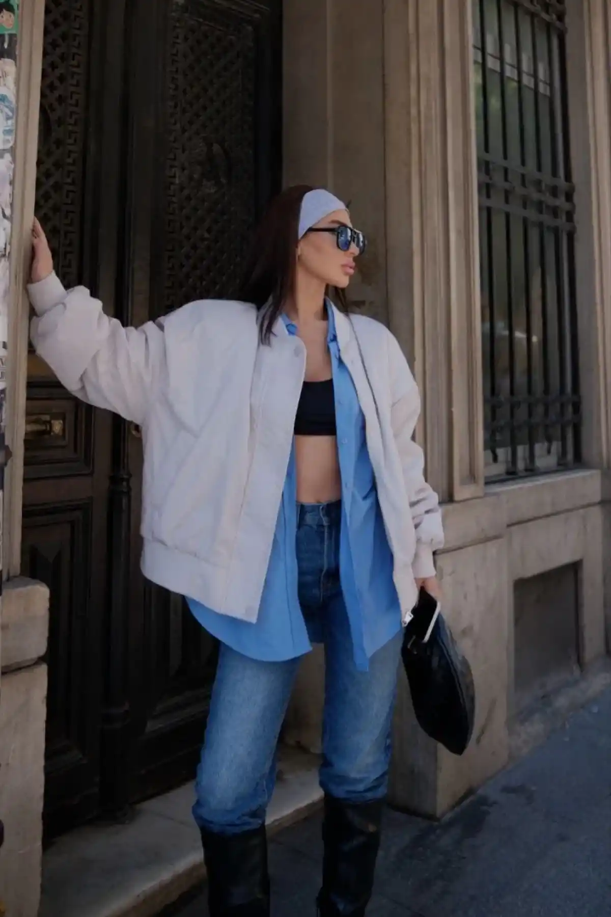 Cepli Bomber Ceket Mont - Beyaz