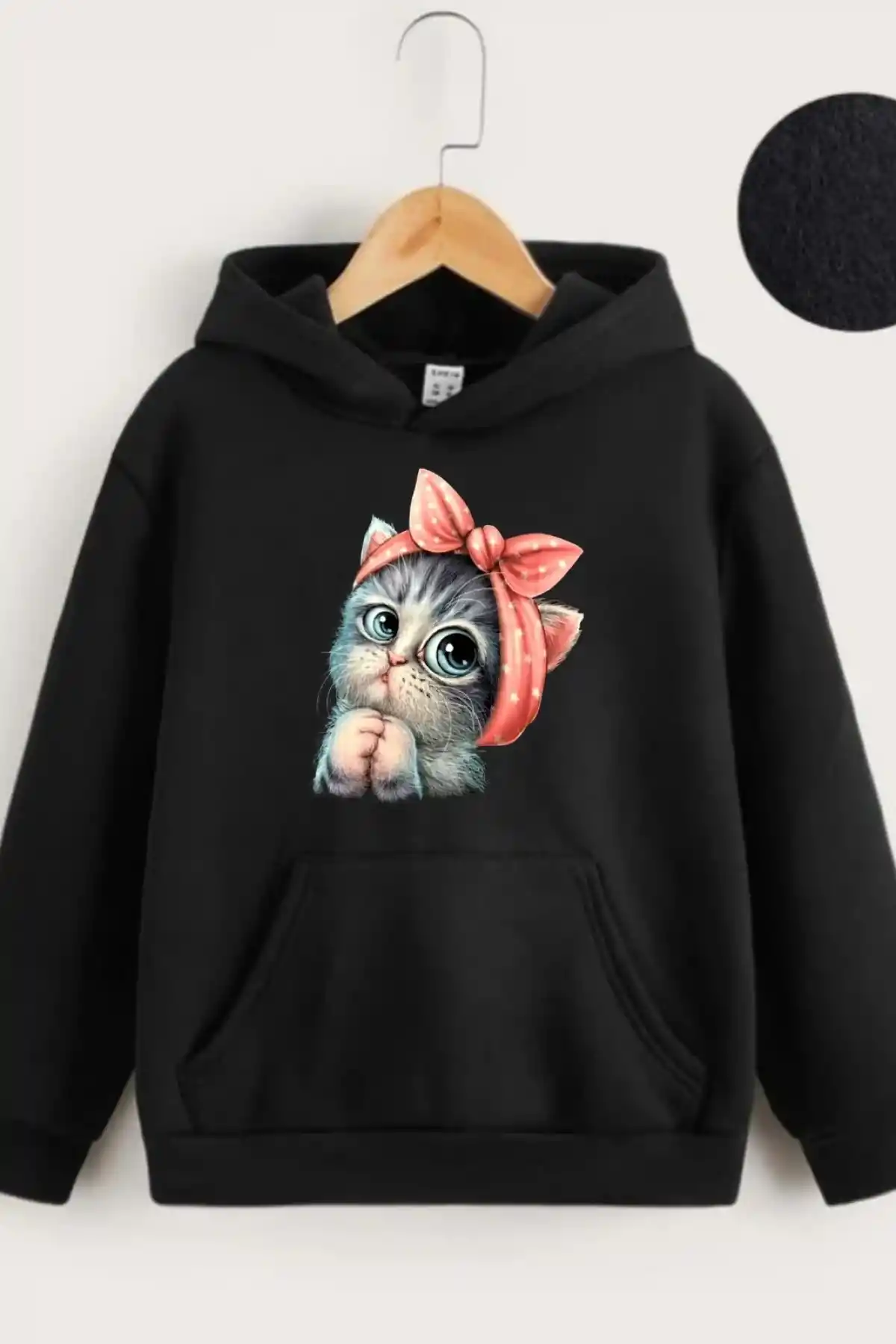 Çocuk Unisex Kapüşonlu Tatlı Kedi Baskılı Sweatshirt - Siyah