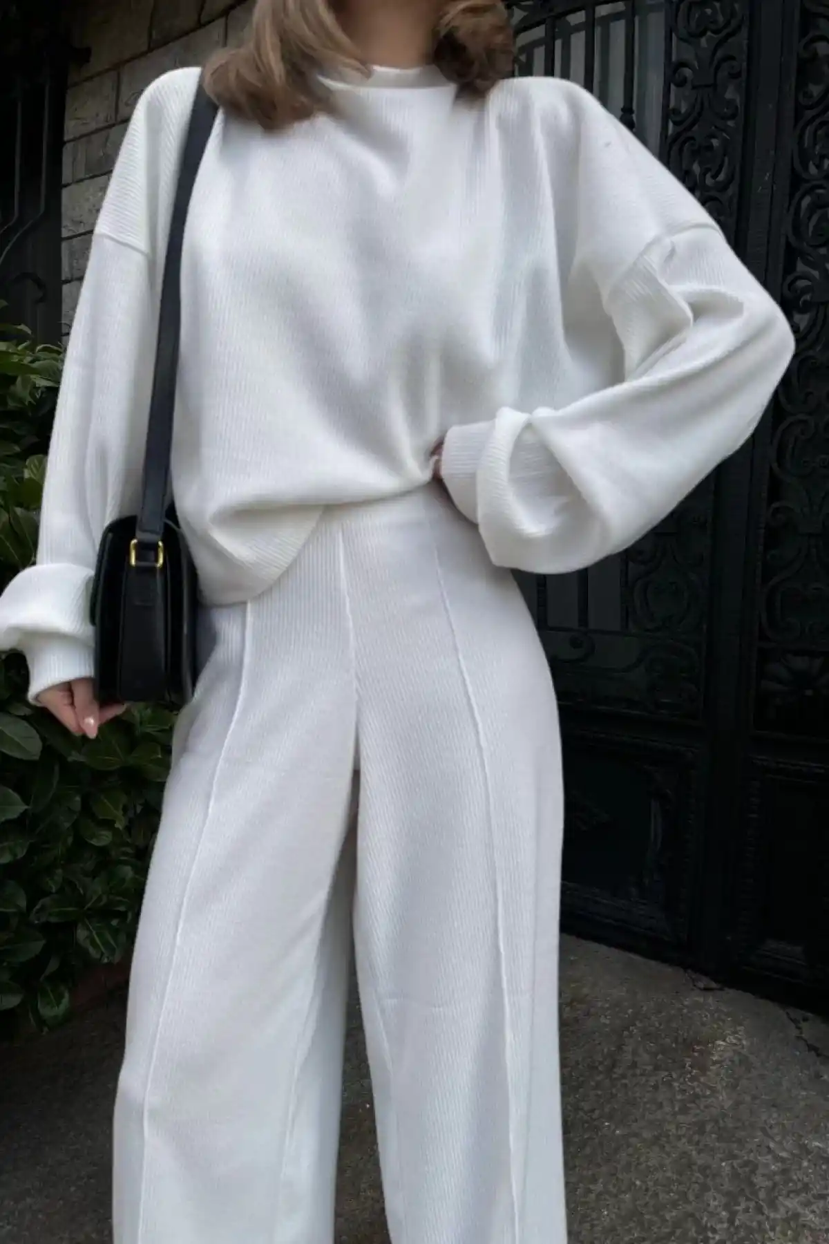 Crop, Pantolon Fitilli İkili Takım -Beyaz