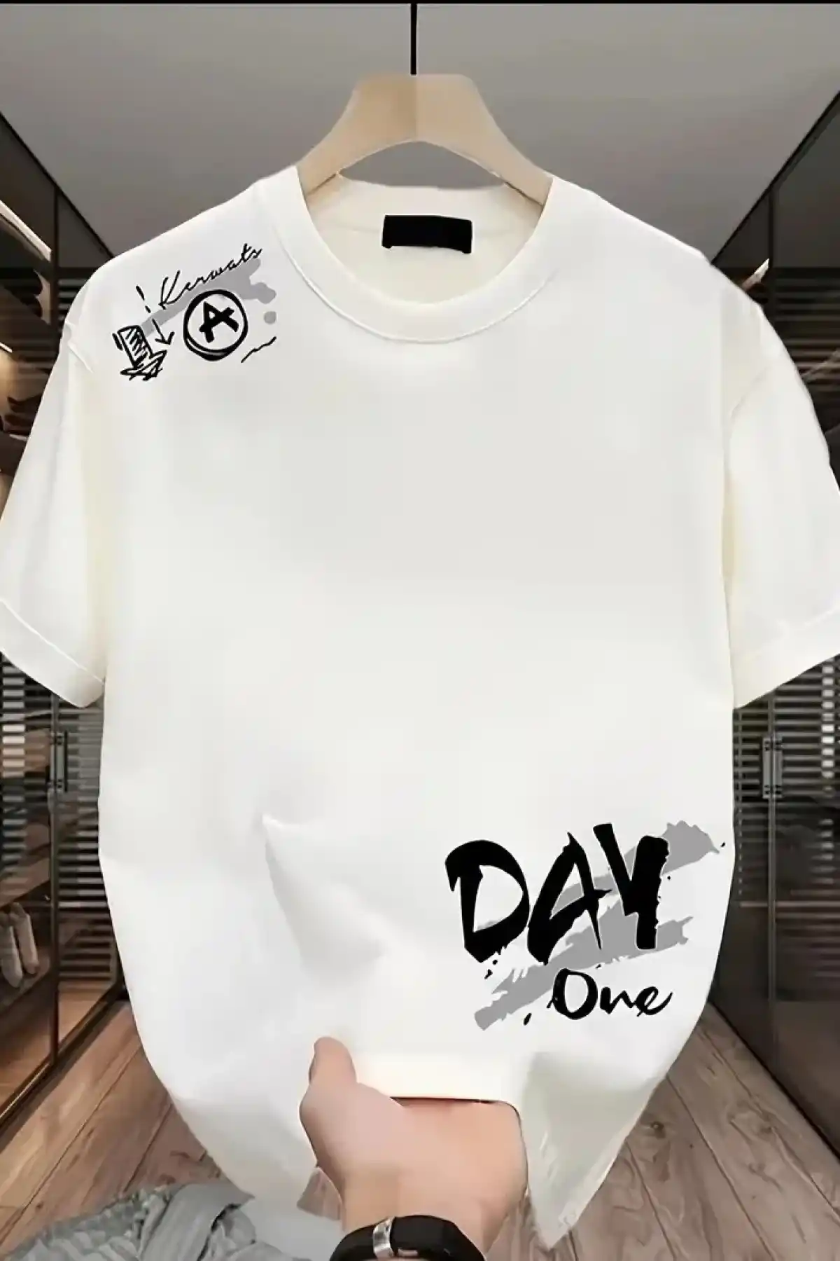 Day One Baskılı Oversize Bisiklet Yaka T-shirt - Beyaz