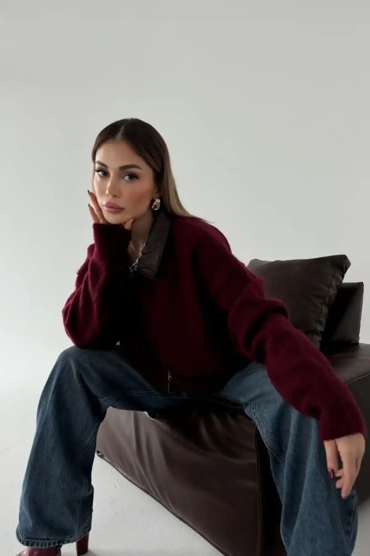 Deri Yakalı Pamuk dokulu Çift Taraflı Çalışan Fermuar Ceket - Bordo