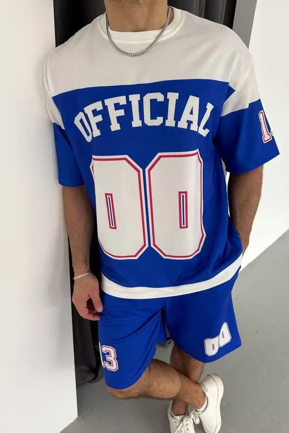 Erkek Şortlu Takım – Oversize İki İplik Kumaş, Ön & Arka Dijital Baskılı Tişört ve Lastikli Cepli Şort, Yazlık Günlük Spor Set - Mavi