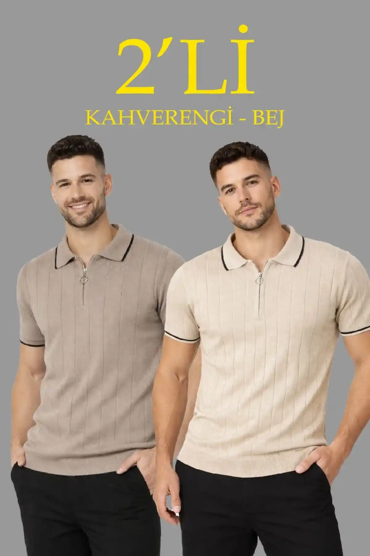 Erkek 2’li Paket Dokuma Triko  Fermuarlı Yakalı Fitilli Kısa Kollu Regular Fit Tişört - Bej & Kahverengi