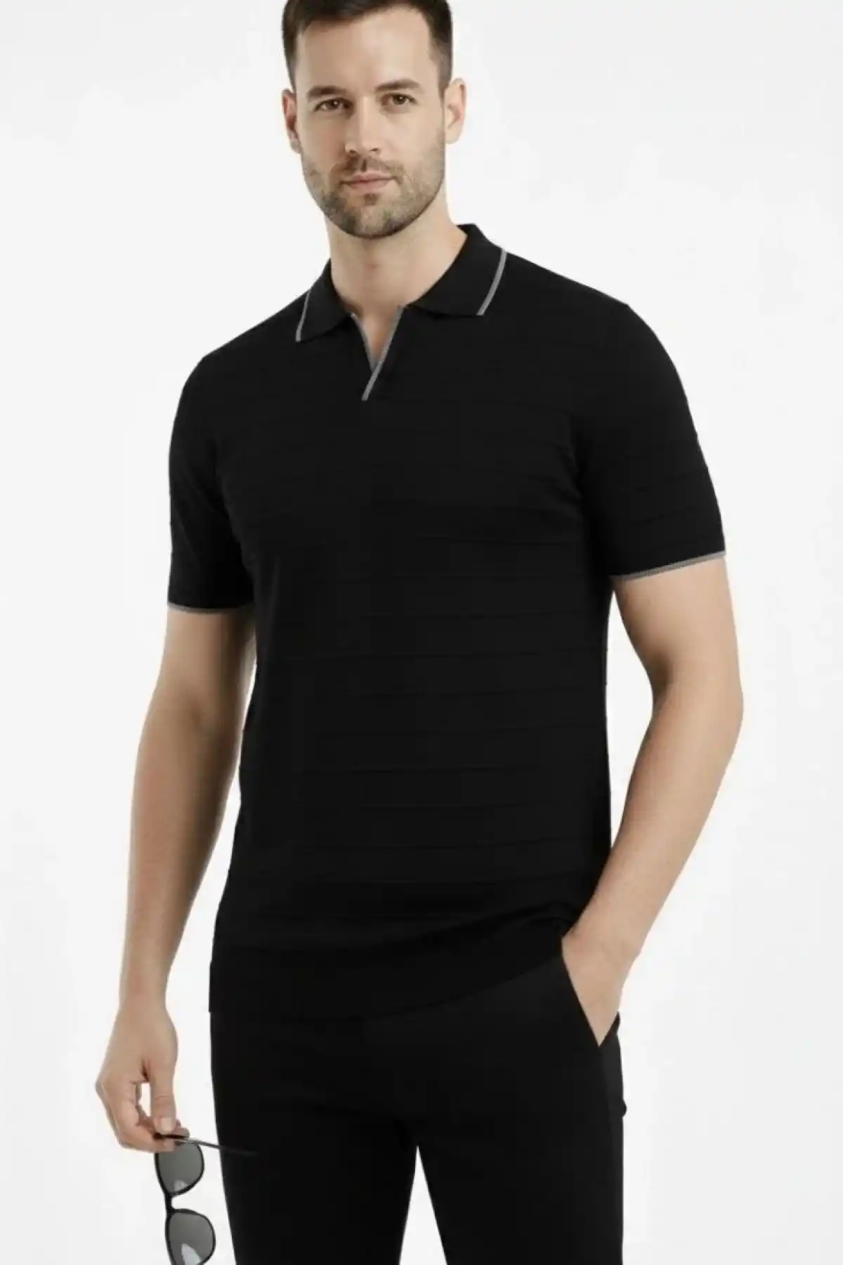 Erkek 2’li Paket Triko Yakalı Düğmesiz Açık Yaka Fitilli Kısa Kollu Regular - Bej & Siyah