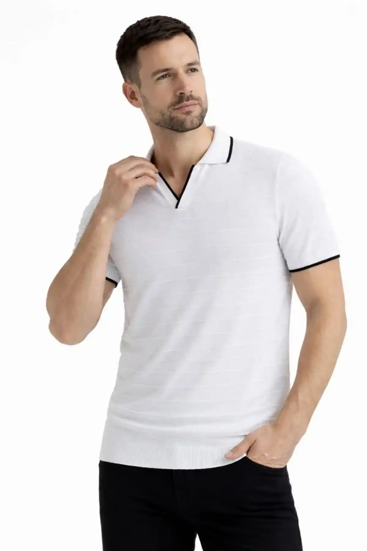 Erkek 2’li Paket Triko Yakalı Düğmesiz Açık Yaka Fitilli Kısa Kollu - Beyaz & Mint Yeşili