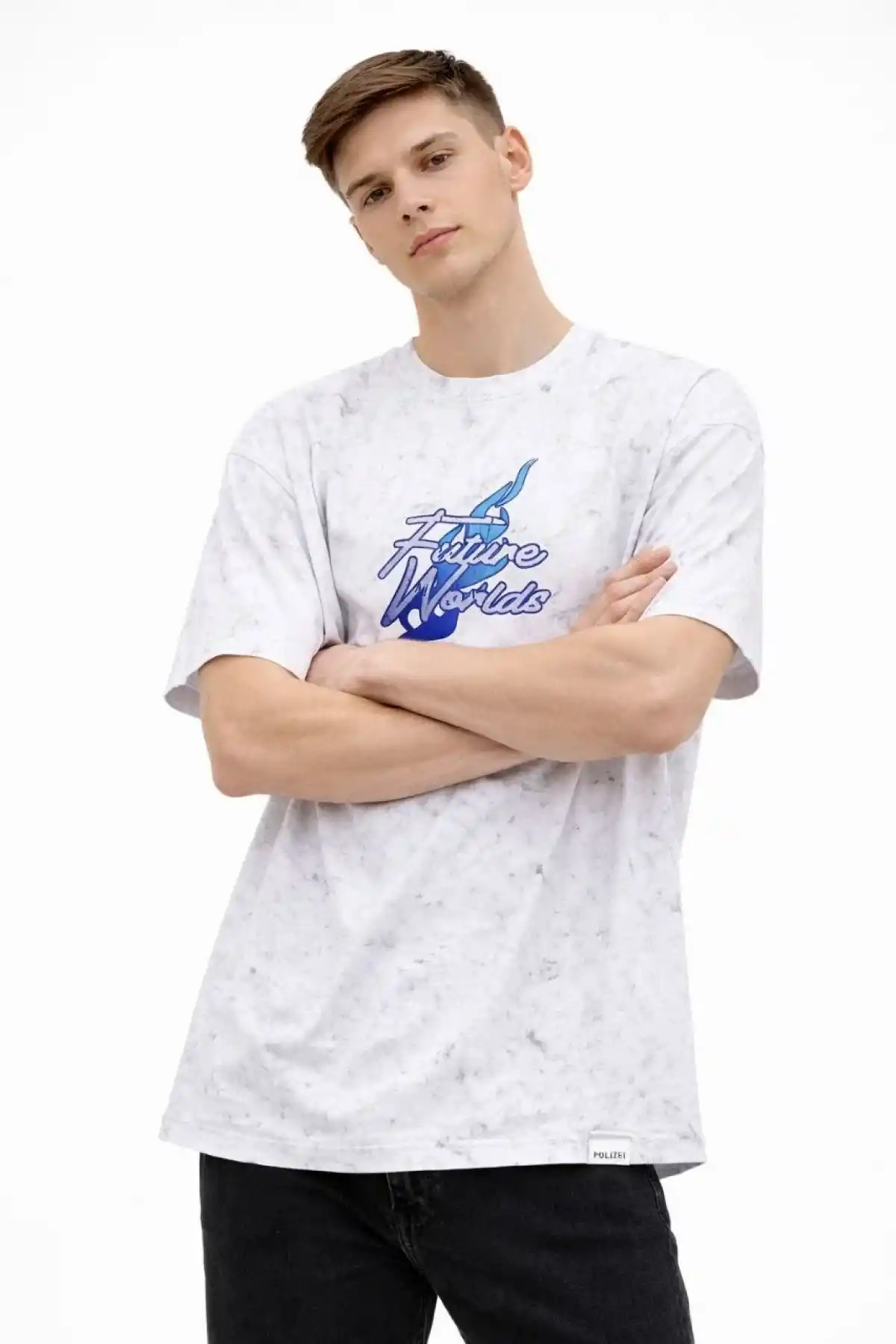 Erkek Asit Yıkamalı Oversize Tişört Future Worlds Baskılı Bisiklet Yaka Kısa Kollu - Beyaz