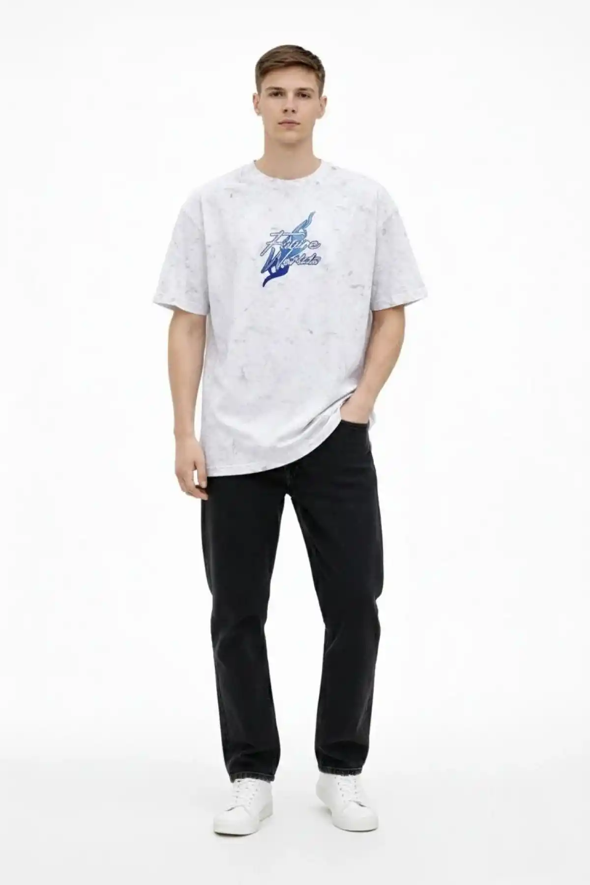 Erkek Asit Yıkamalı Oversize Tişört Future Worlds Baskılı Bisiklet Yaka Kısa Kollu - Beyaz