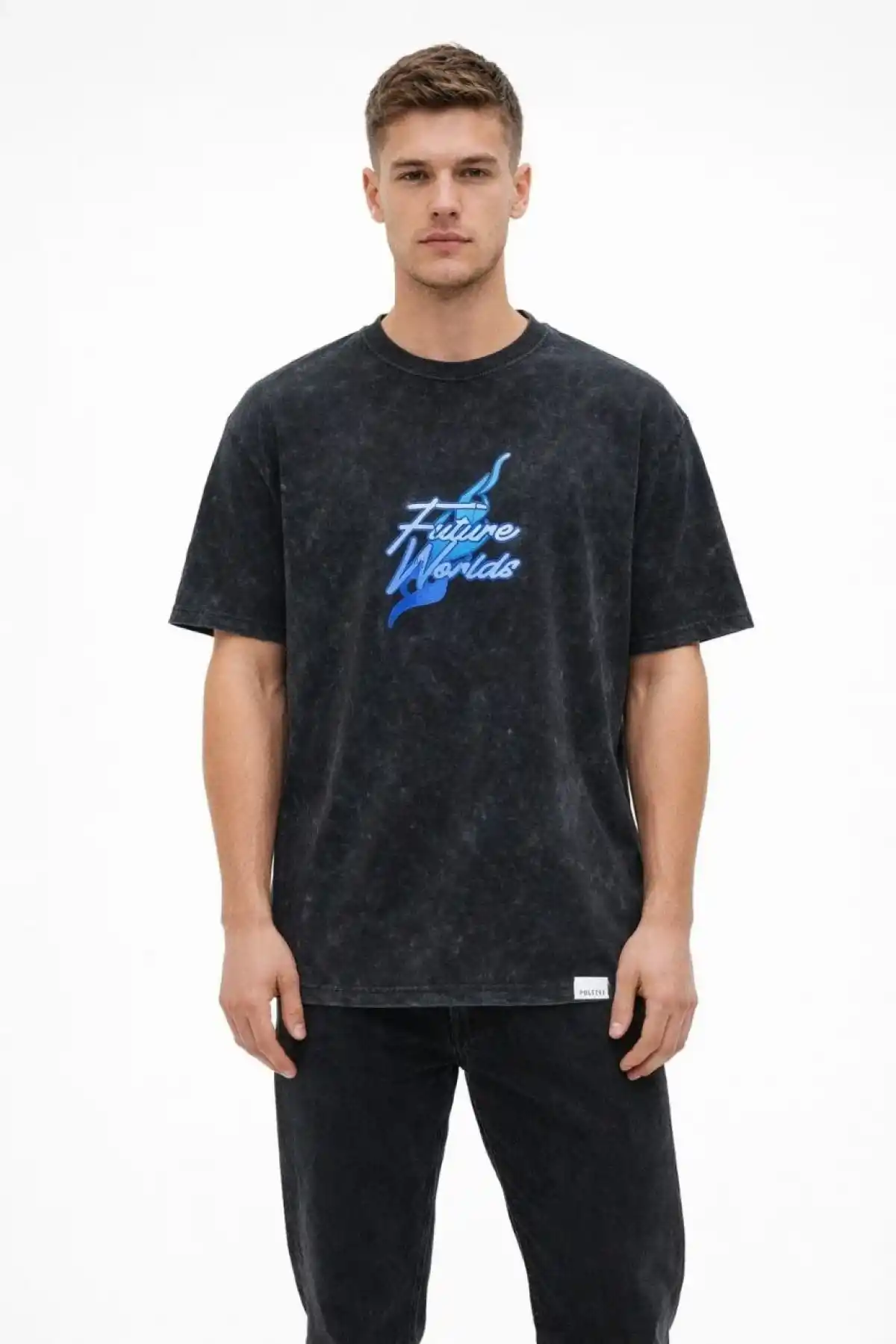 Erkek Asit Yıkamalı Oversize Tişört Future Worlds Baskılı Bisiklet Yaka Kısa Kollu - Siyah