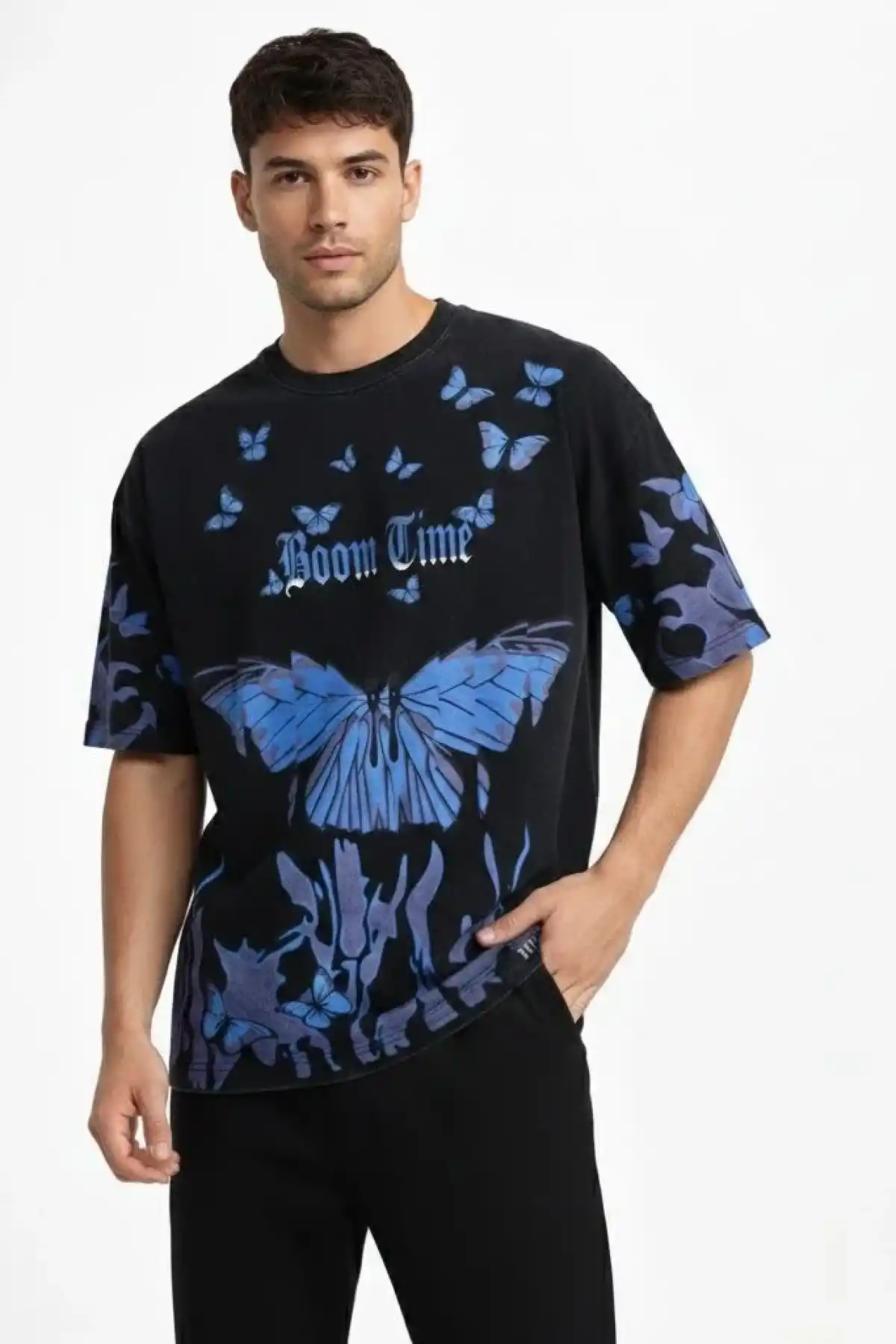 Erkek Asit Yıkamalı Oversize Tişört Mavi Kelebek Baskılı Dijital Print Bisiklet - Siyah