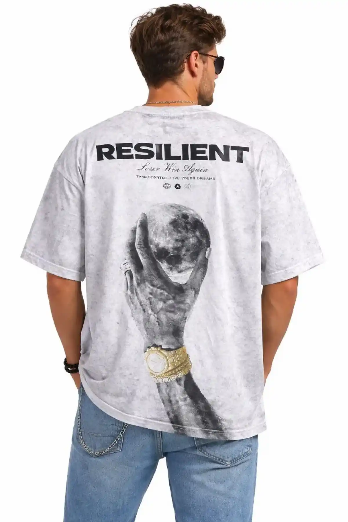 Erkek Asit Yıkamalı Oversize Tişört ön ve Arkası Baskılı %100 Pamuk Street Style - Beyaz