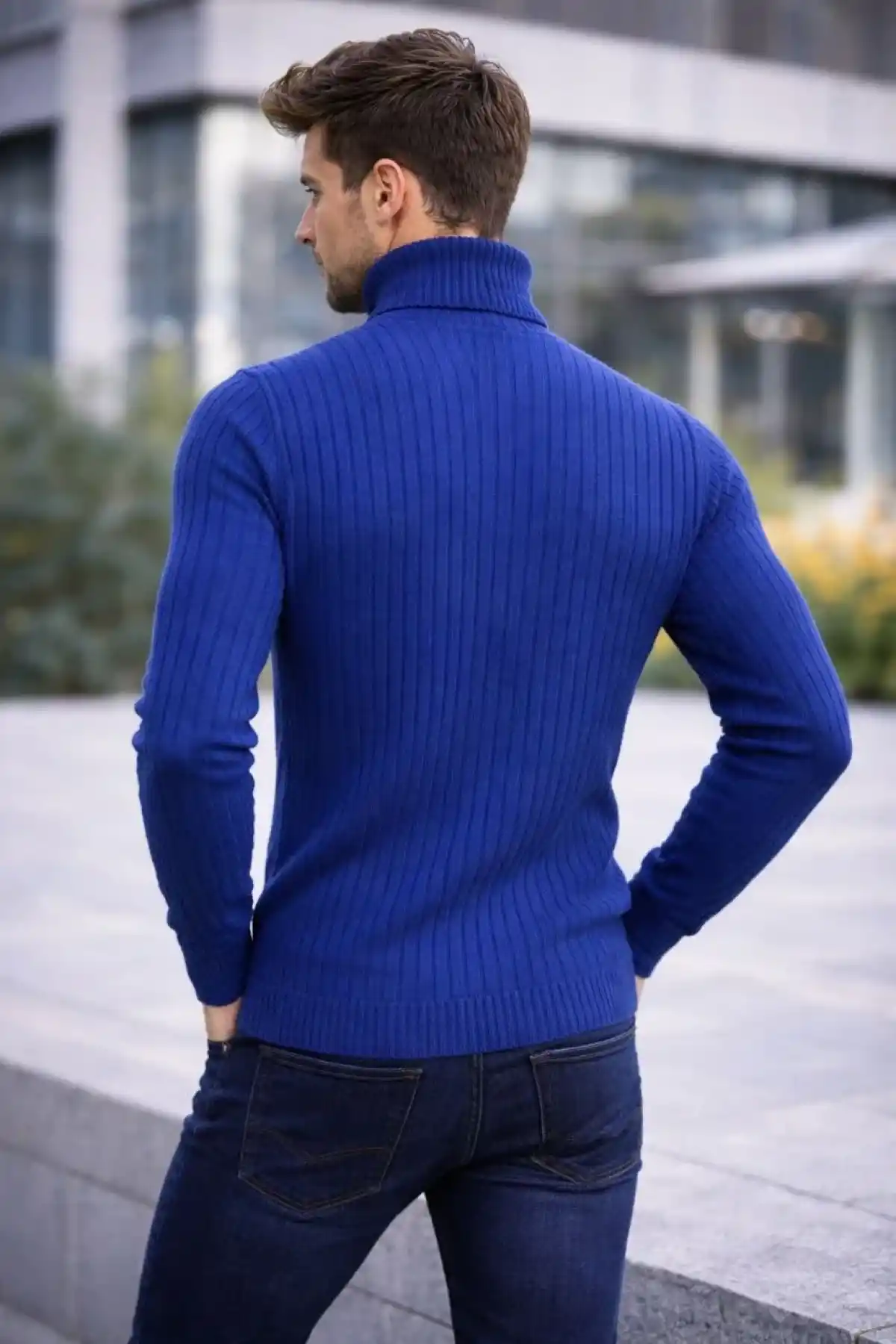 Erkek Balıkcı Yaka Bağazlı Triko Kazak Pamuklu Kalın Fitilli Dokuma Regular Fit - İndigo