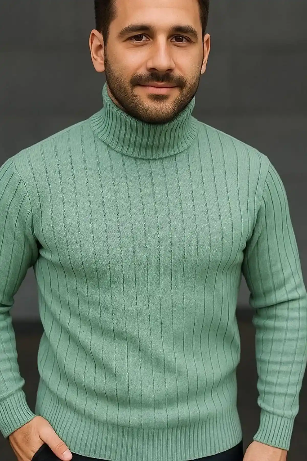 Erkek Balıkcı Yaka Bağazlı Triko Kazak Pamuklu Kalın Fitilli Dokuma Regular - Mint Yeşili