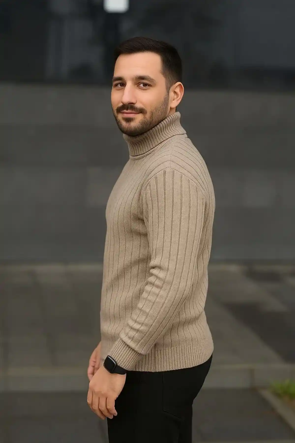 Erkek Balıkcı Yaka Bağazlı Triko Kazak Pamuklu Kalın Fitilli Dokuma Regular Fit Uzun - Bej