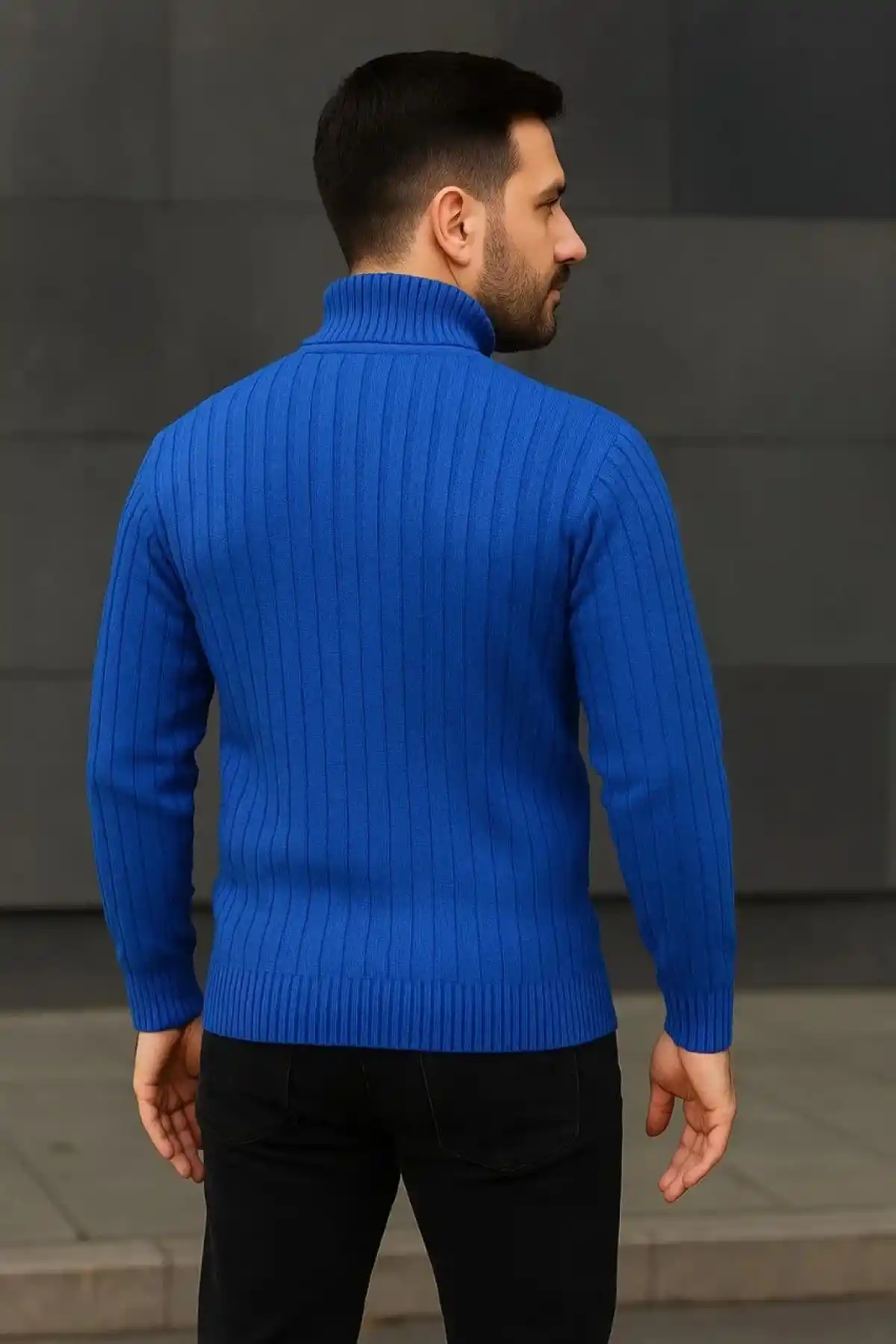 Erkek Balıkcı Yaka Bağazlı Triko Kazak Pamuklu Kalın Fitilli Dokuma Regular - Saks Mavisi