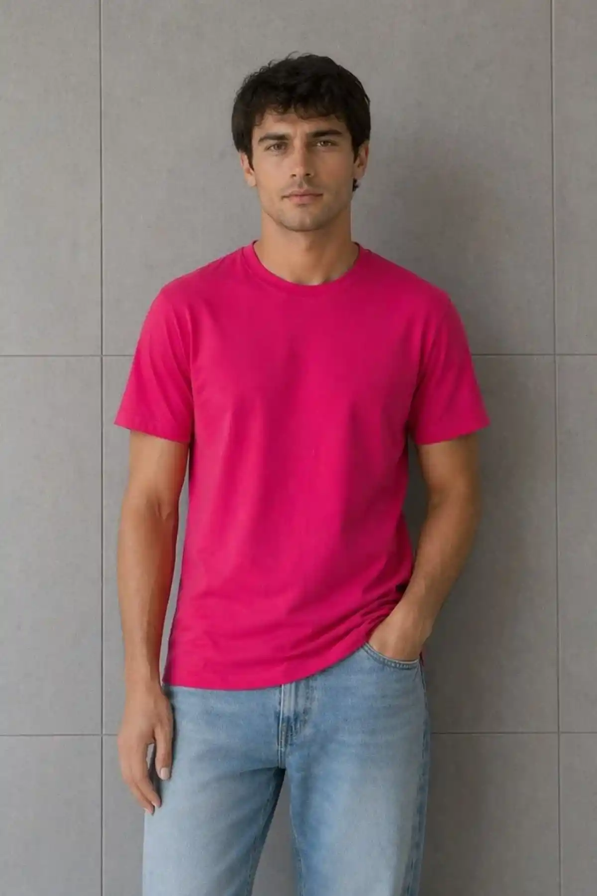 Erkek Basic Pamuklu Tişört Bisiklet Yaka Düz Renk Regular Fit T-Shirt - Fuşya