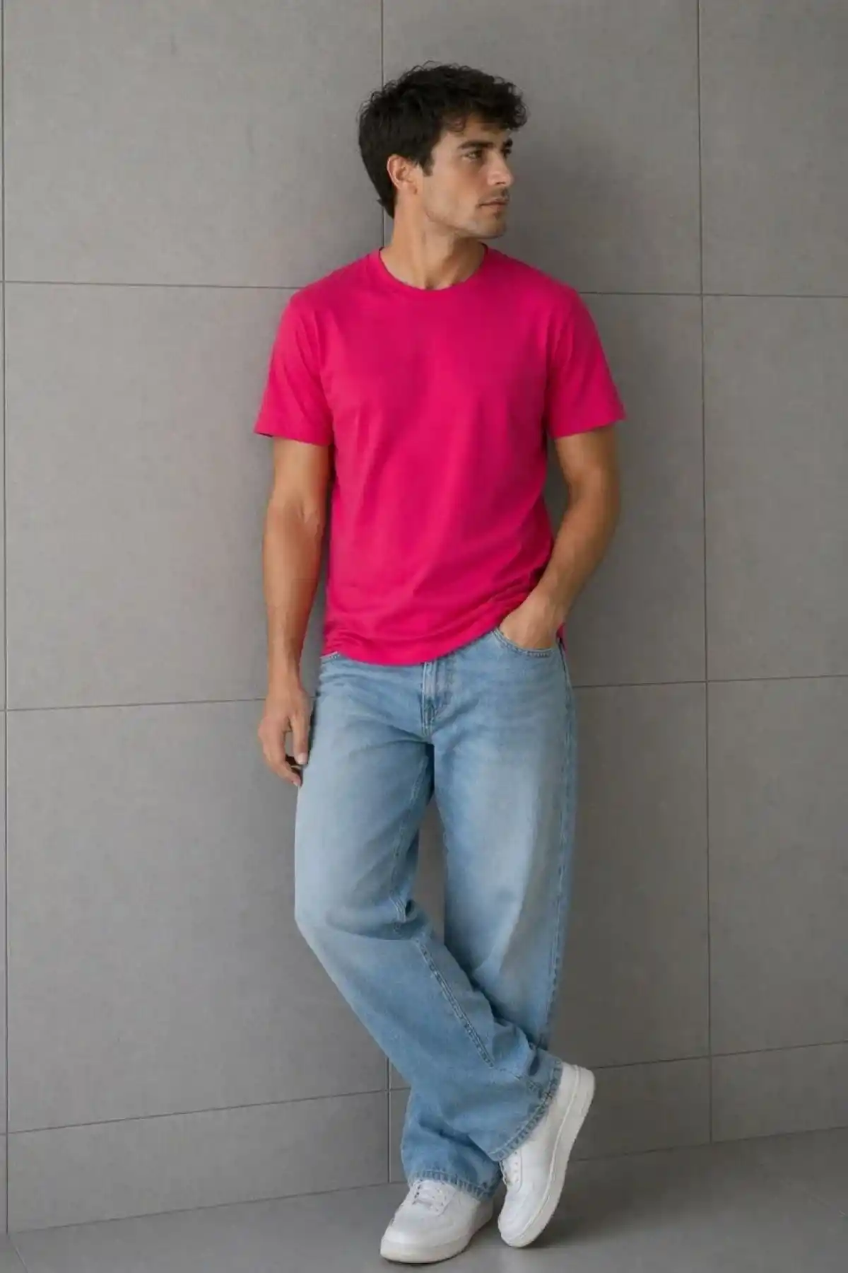 Erkek Basic Pamuklu Tişört Bisiklet Yaka Düz Renk Regular Fit T-Shirt - Fuşya