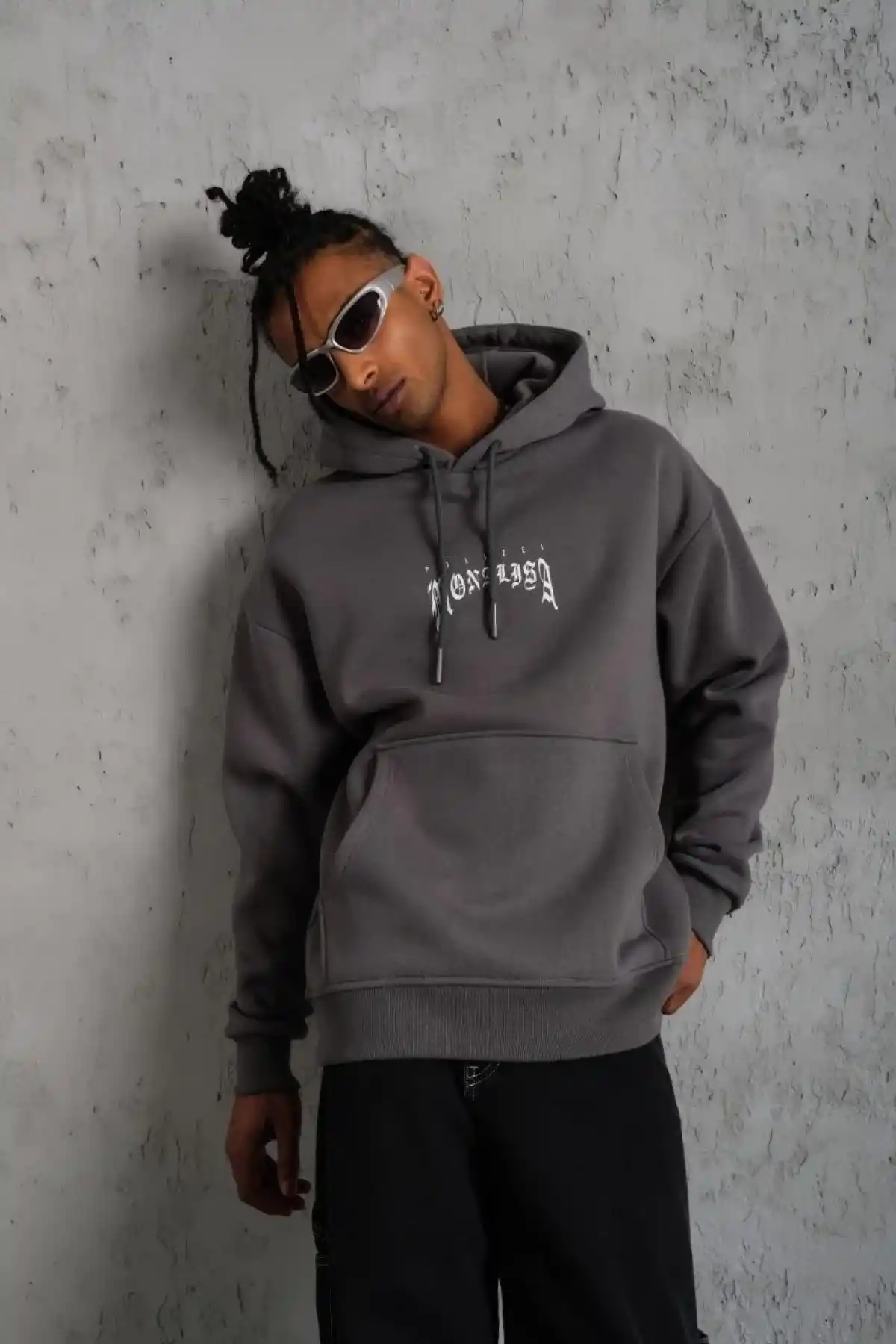 Erkek 3 İplik Pamuklu Kapüşonlu Baskılı Cepli Oversize Sweatshirt Hoodie - Gri