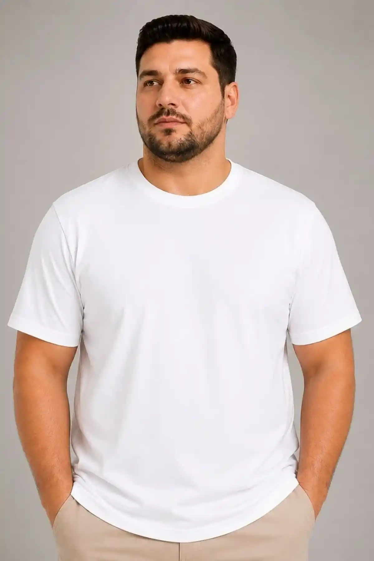 Erkek Battal Big Size Basic Tişört Bisiklet Yaka Rahat Kalıp T-Shirt - Beyaz