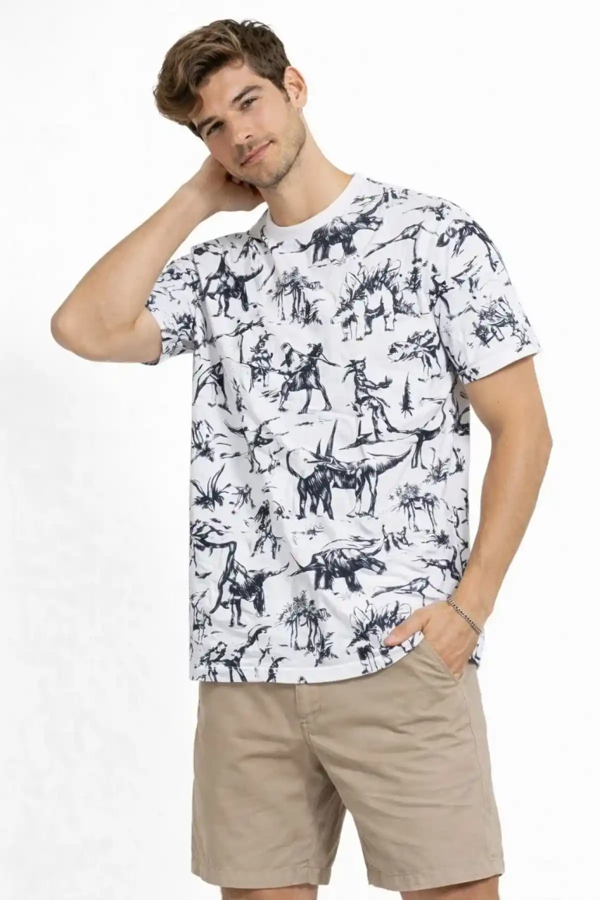 Erkek Beyaz Dinozor Desenli Tişört Regular Fit Bisiklet Yaka Dijital Baskılı - Beyaz