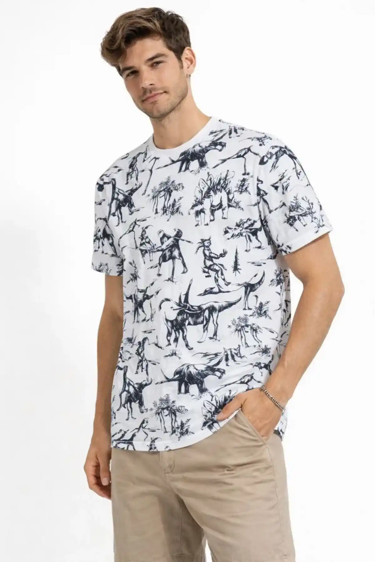 Erkek Beyaz Dinozor Desenli Tişört Regular Fit Bisiklet Yaka Dijital Baskılı - Beyaz