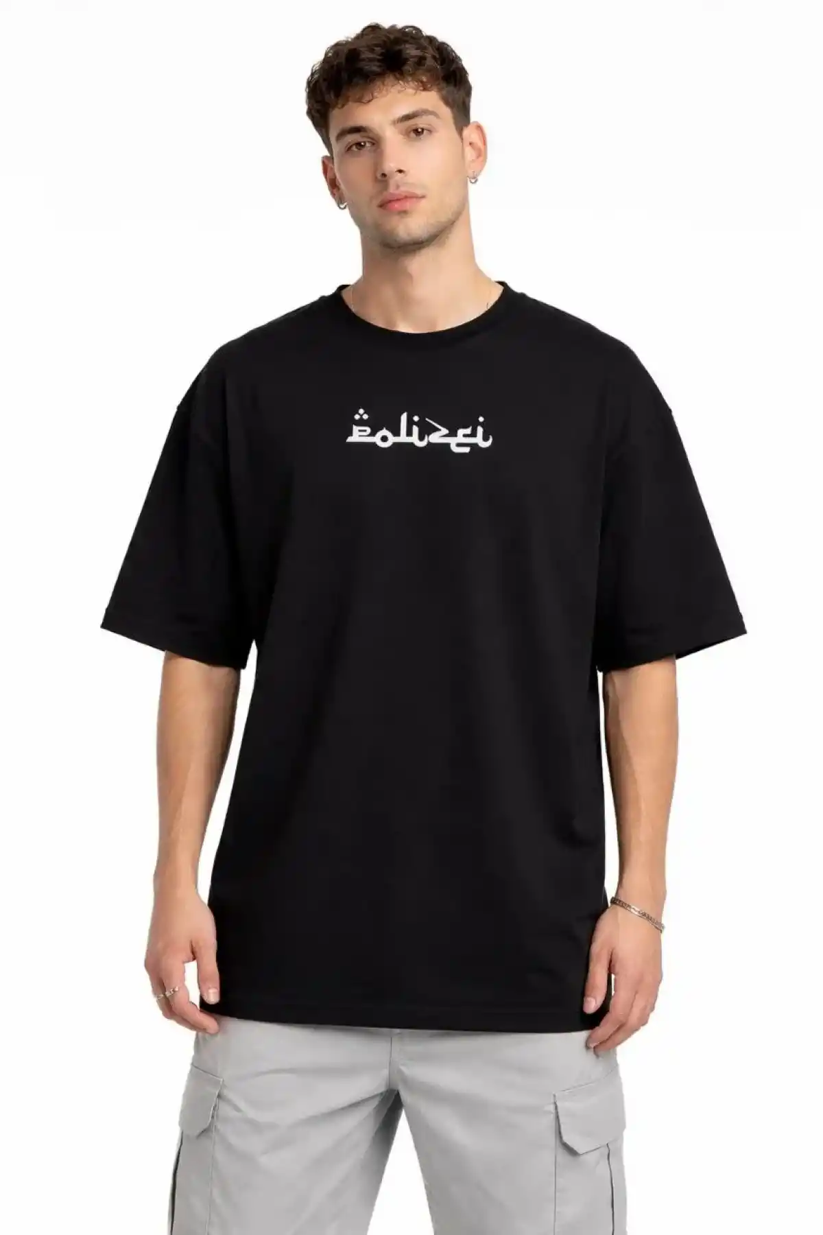 Erkek Bisiklet Yaka Baskılı Kısa Kollu Tişört Streetwear Günlük Basic Pamuklu T-shirt - Siyah
