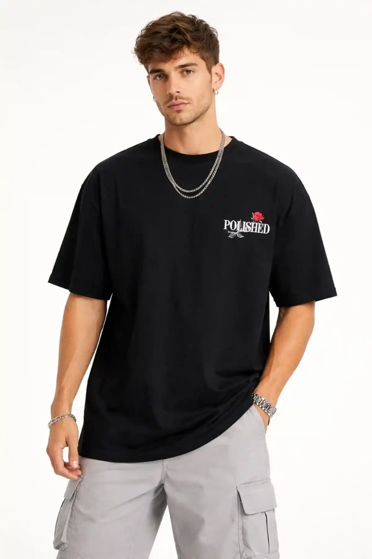 Erkek Bisiklet Yaka Baskılı  Kısa Kollu Tişört Streetwear Günlük Basic Pamuklu T-shirt - Siyah