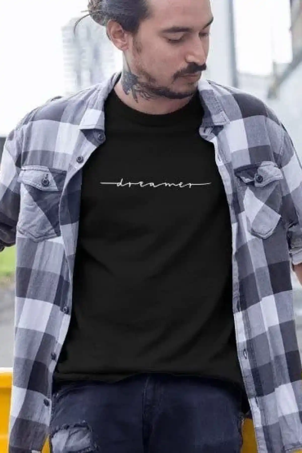 Erkek Bisiklet Yaka Baskılı Oversize T-Shirt - Siyah