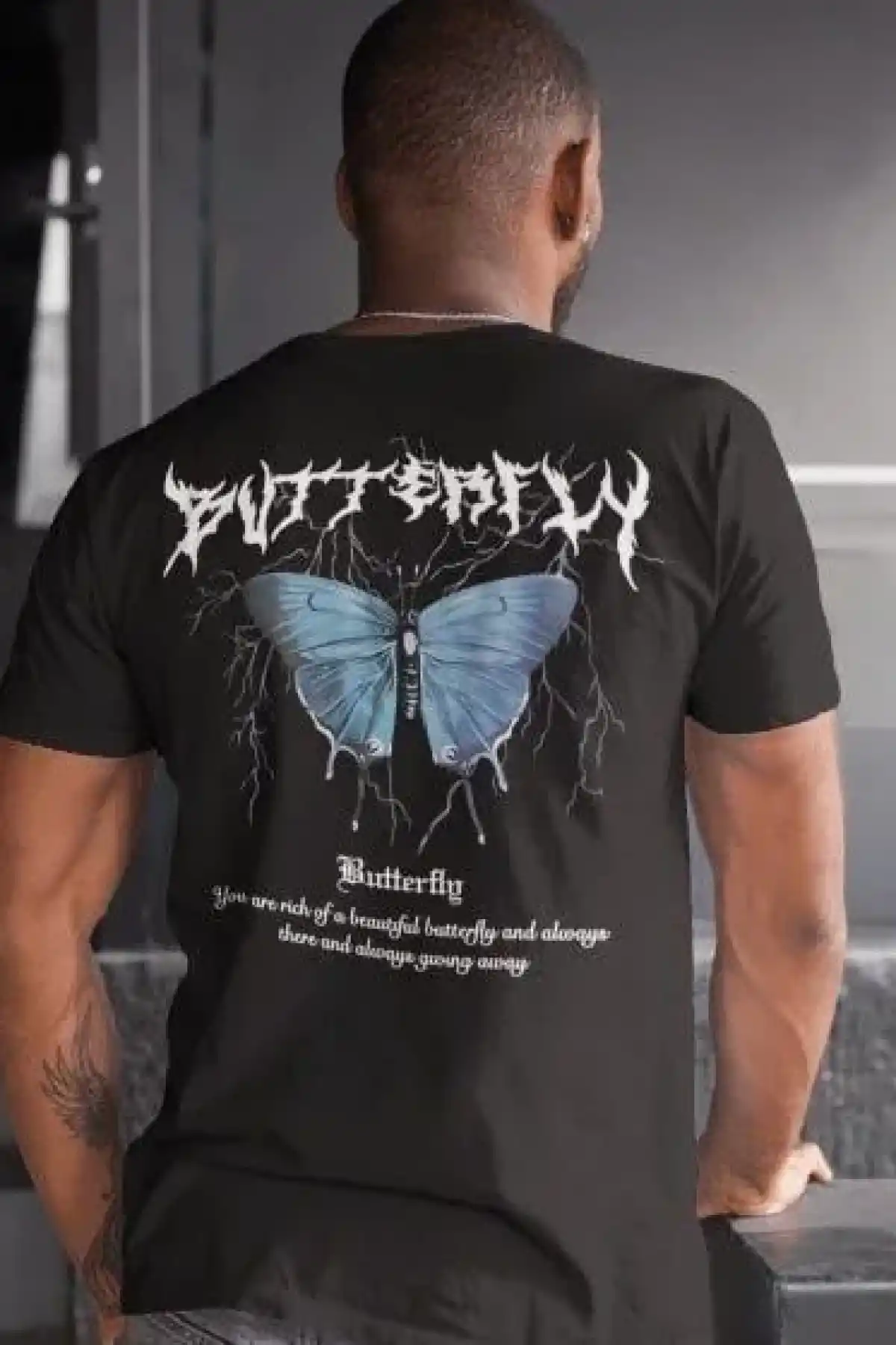 Erkek Bisiklet Yaka Baskılı Oversize T-Shirt - Siyah