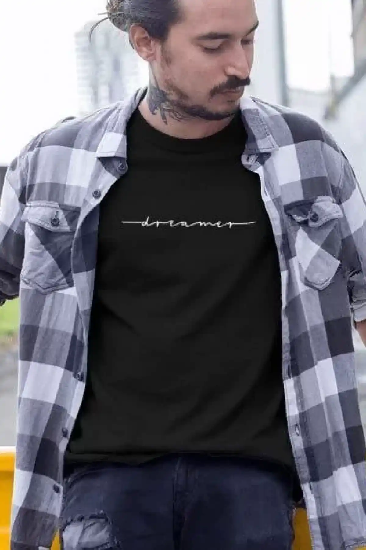 Erkek Bisiklet Yaka Baskılı Oversize T-Shirt - Siyah