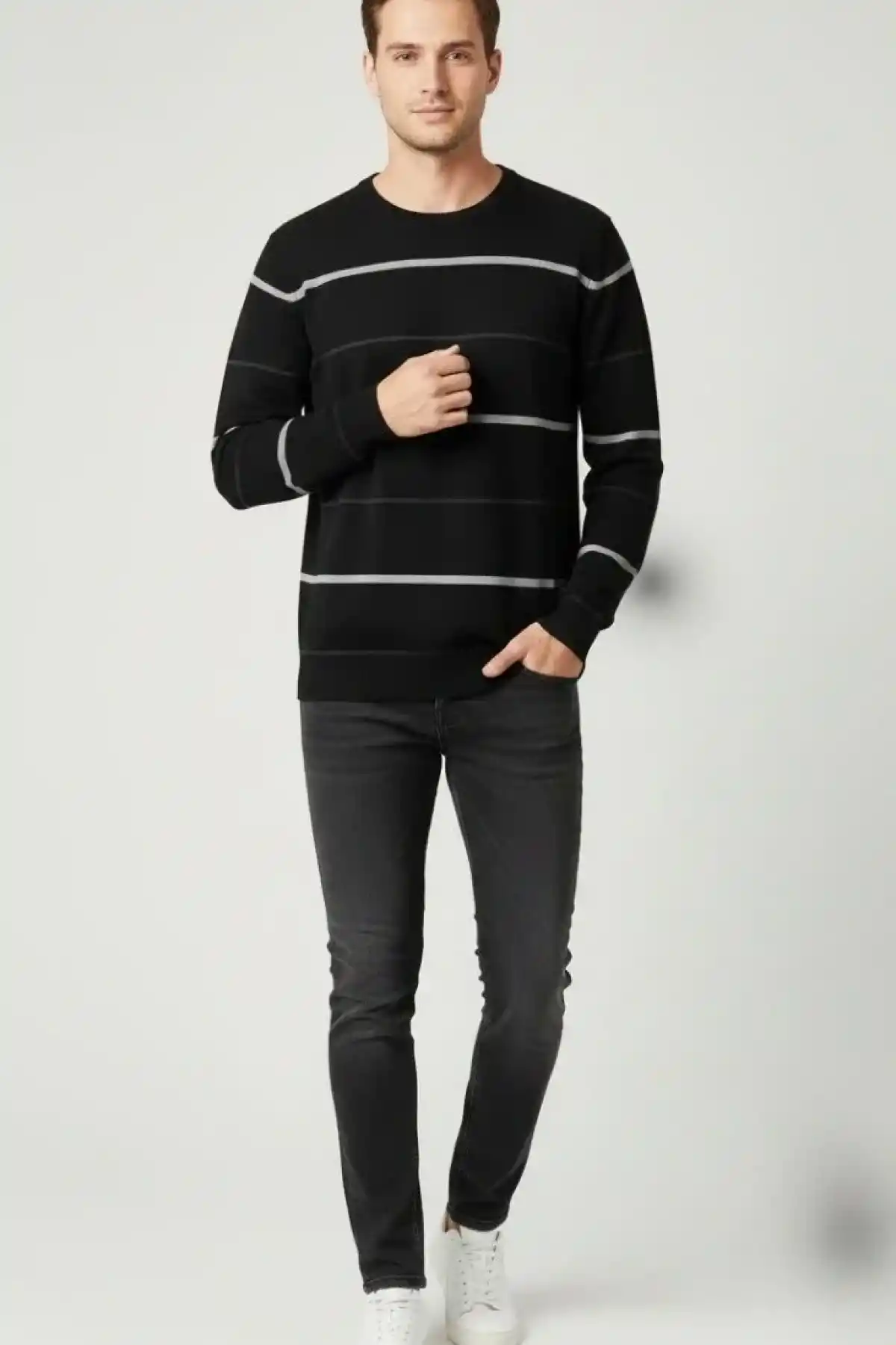 Erkek Bisiklet Yaka Cizgili Triko Kazak yumuşak dokulu Pamuklu ince Dokuma, uzun kollu Rahat Regular kalıp - Siyah