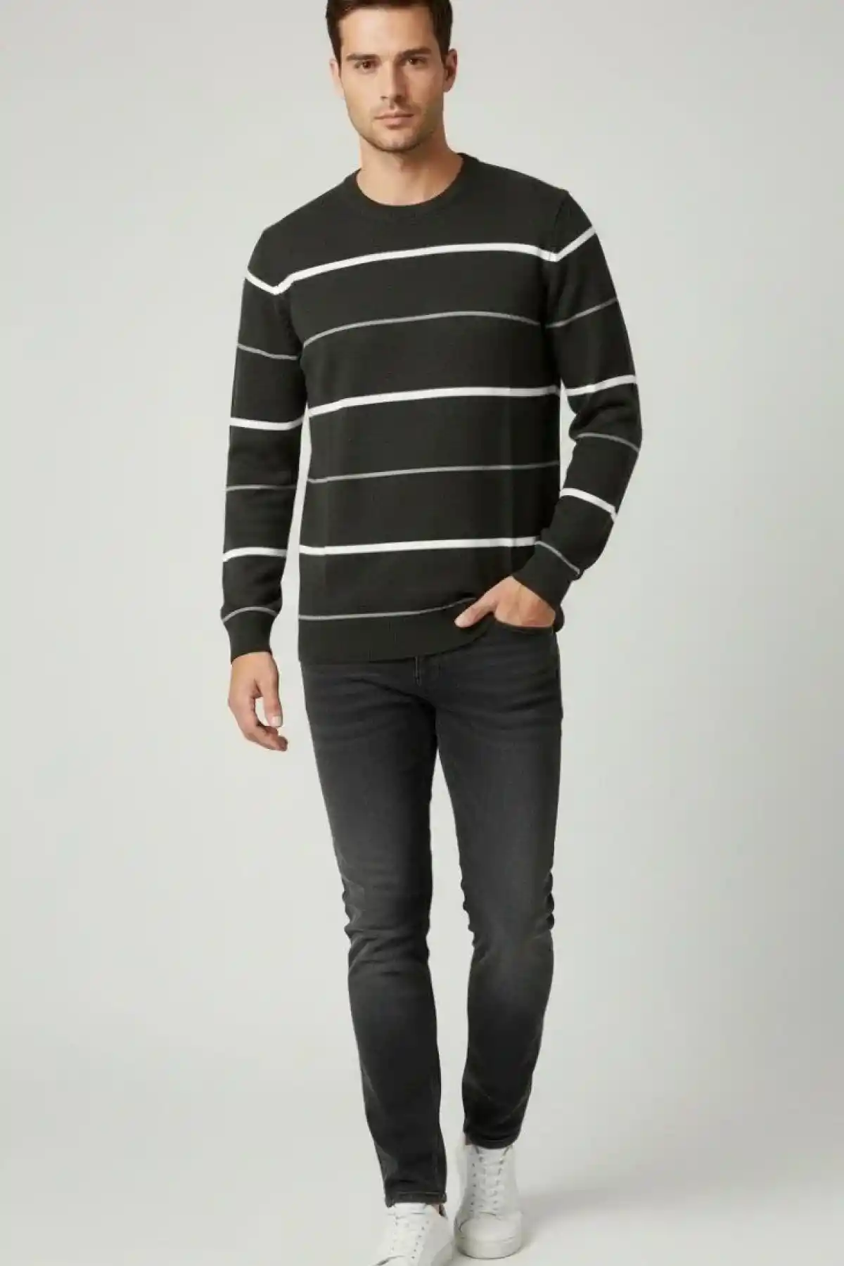 Erkek Bisiklet Yaka Cizgili Triko Kazak yumuşak dokulu Pamuklu ince Dokuma, uzun kollu Rahat Regular kalıp - Füme