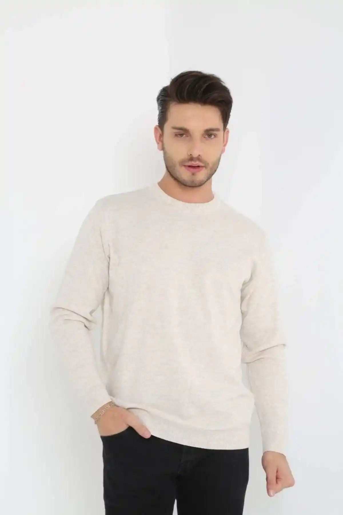 Erkek Bisiklet yaka Kazak Uzun Kol Dokuma Triko - Bej