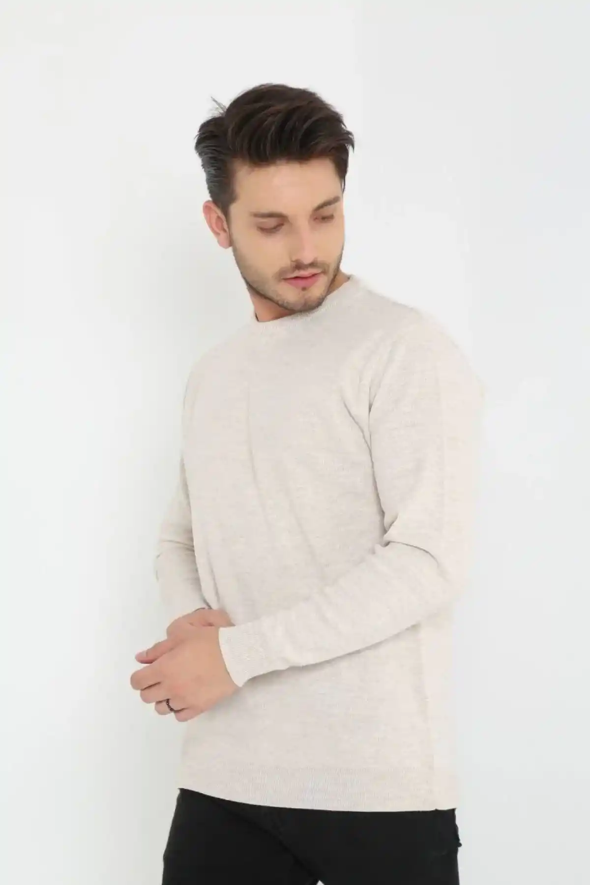 Erkek Bisiklet yaka Kazak Uzun Kol Dokuma Triko - Bej