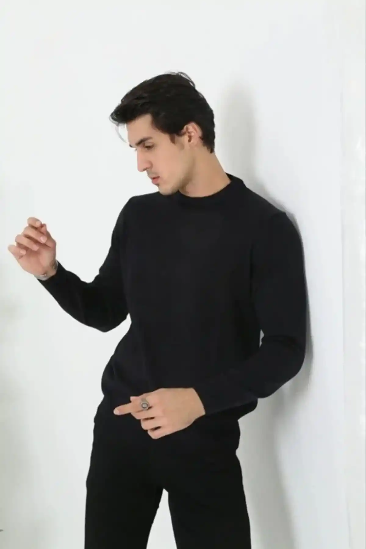 Erkek Bisiklet yaka Kazak Uzun Kol Dokuma Triko - Siyah