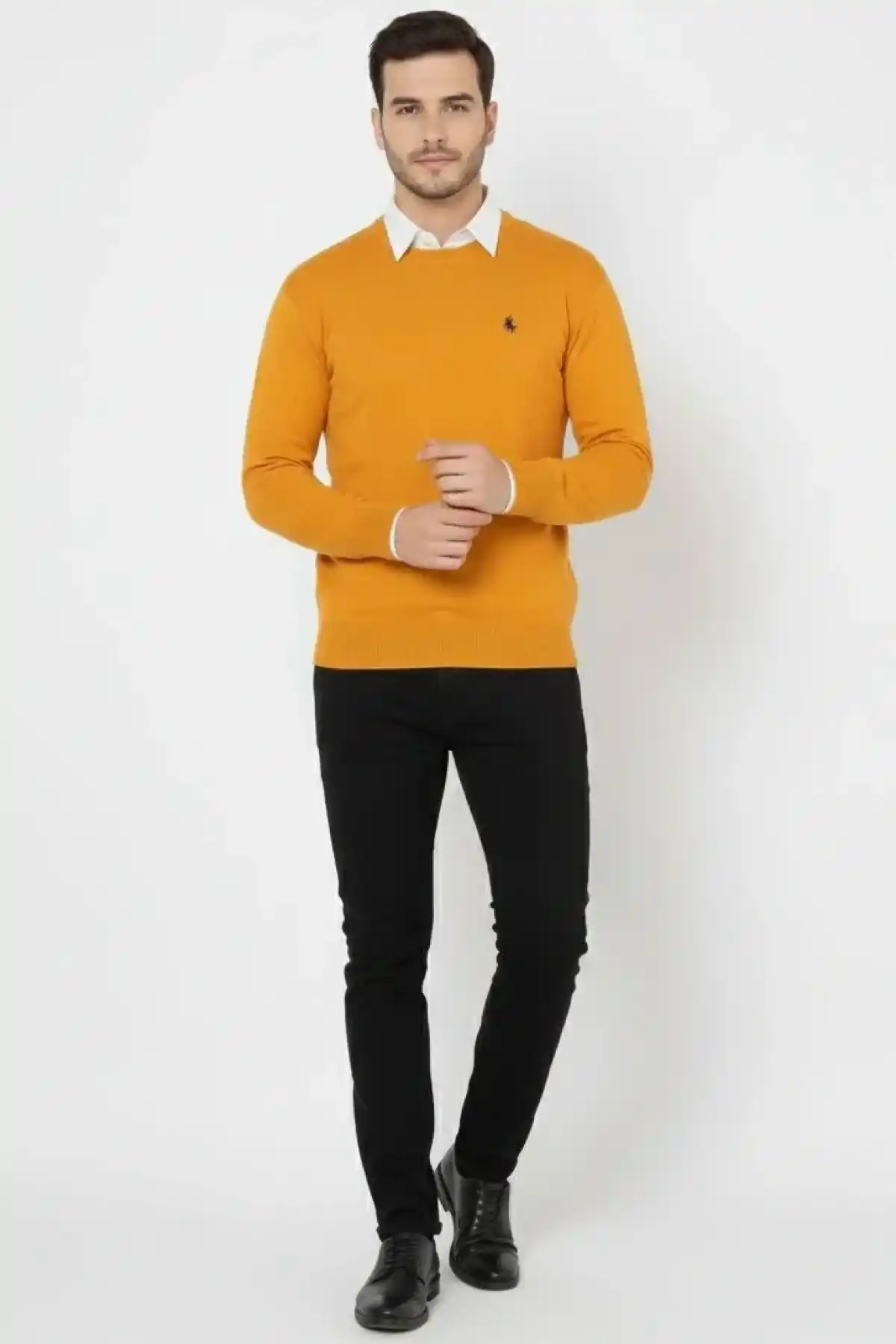 Erkek Bisiklet Yaka Nakış işlemeli Triko Kazak yumuşak dokulu Pamuklu ince - Turuncu