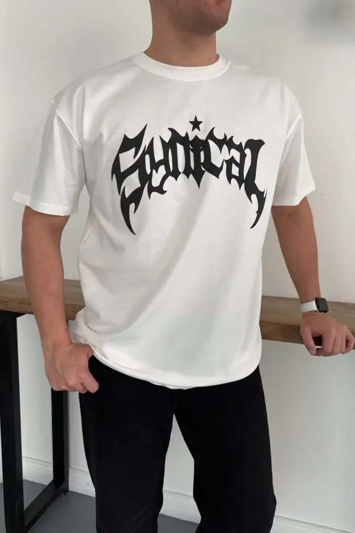 Erkek Bisiklet Yaka Ön Baskılı Kısa Kollu Tişört Streetwear Günlük Basic Pamuklu T-shirt - Beyaz