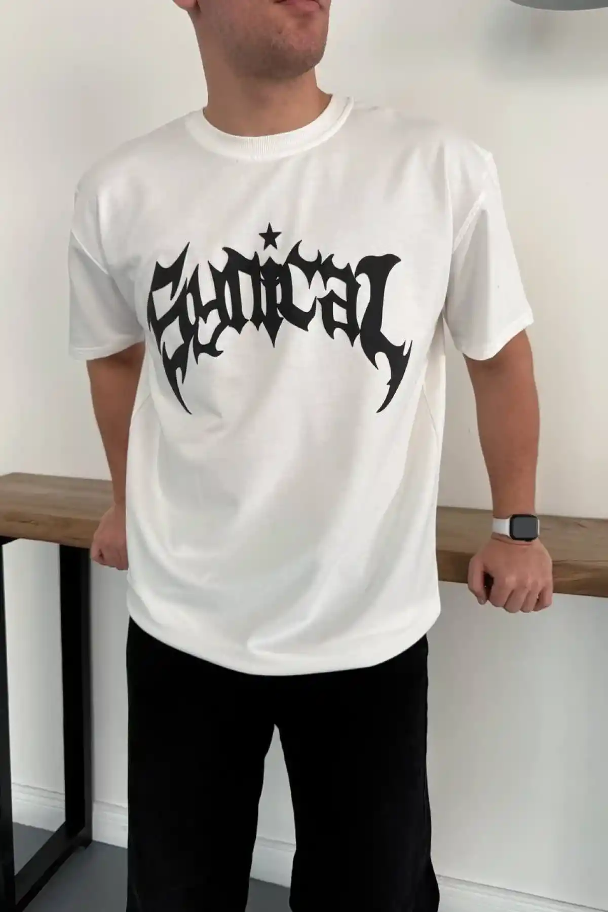 Erkek Bisiklet Yaka Ön Baskılı Kısa Kollu Tişört Streetwear Günlük Basic Pamuklu T-shirt - Beyaz