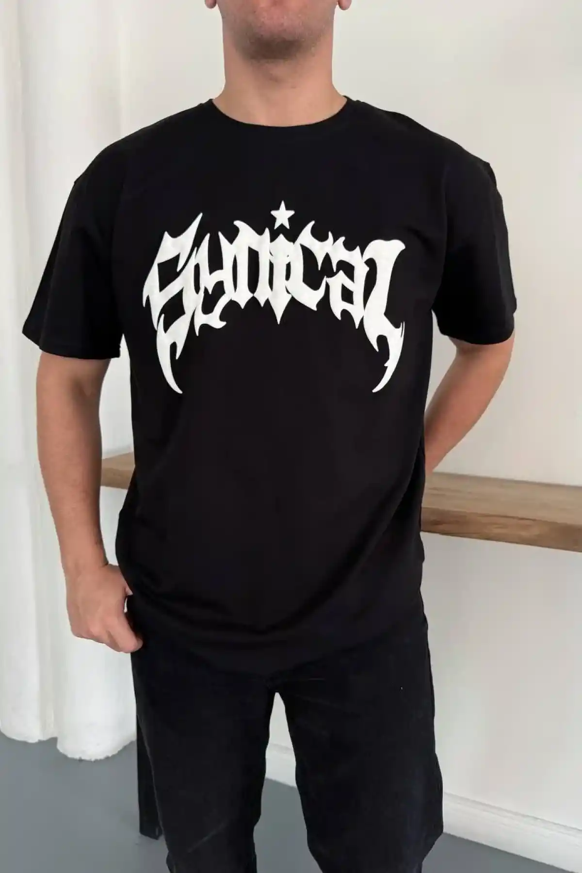 Erkek Bisiklet Yaka Ön Baskılı  Kısa Kollu Tişört Streetwear Günlük Basic Pamuklu T-shirt - Siyah