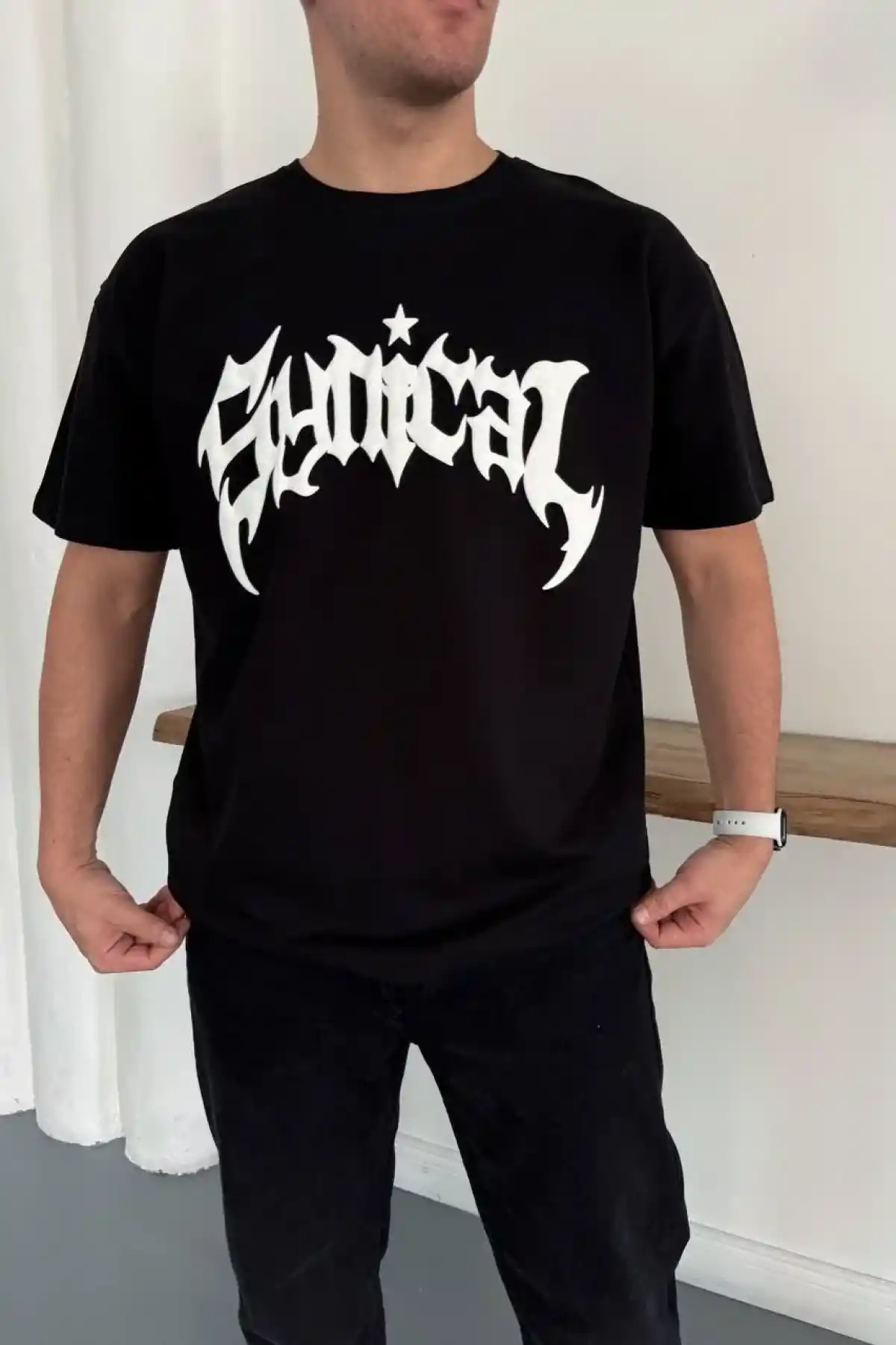 Erkek Bisiklet Yaka Ön Baskılı  Kısa Kollu Tişört Streetwear Günlük Basic Pamuklu T-shirt - Siyah