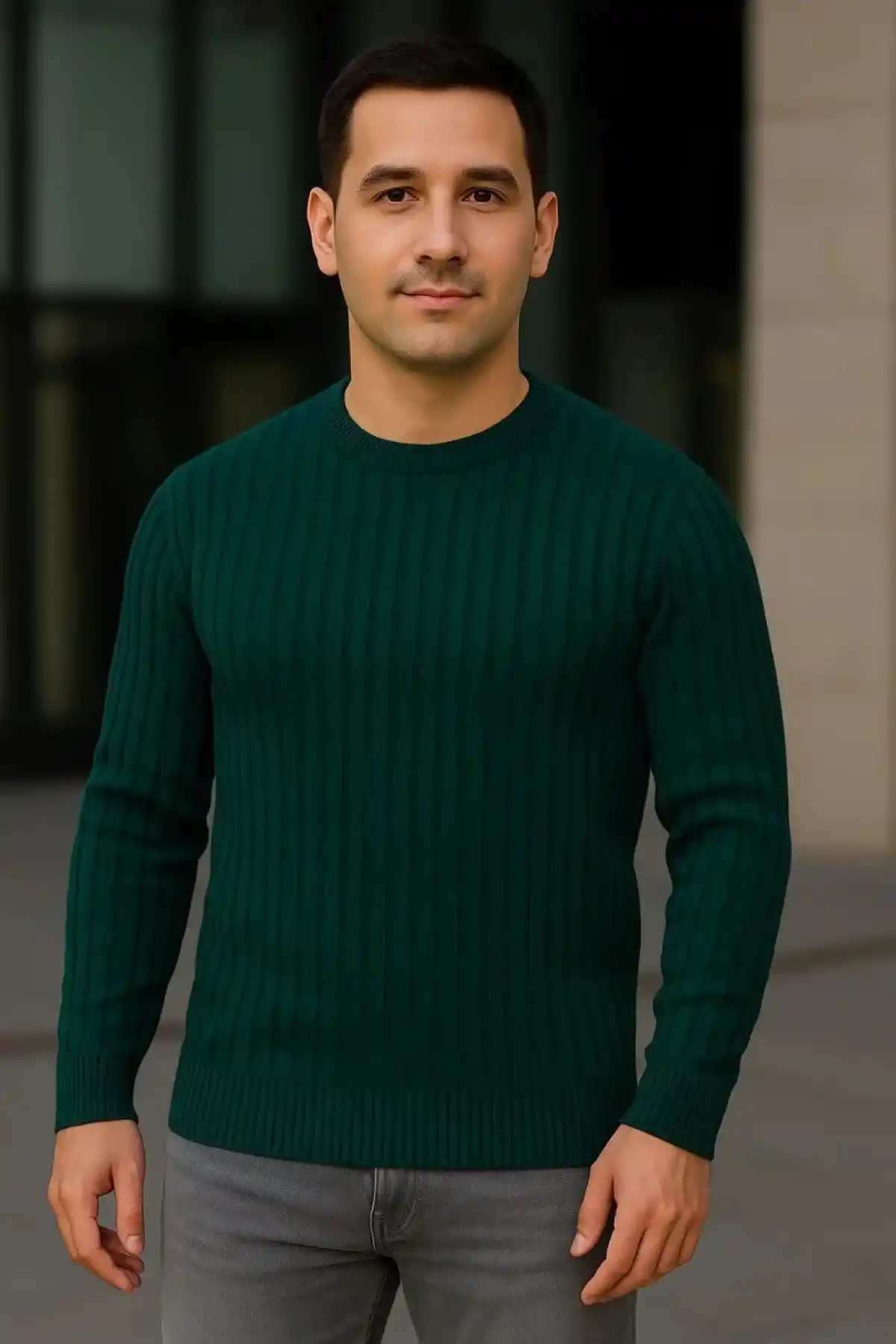 Erkek Bisiklet Yuvarlak Yaka Triko Kazak Pamuklu Kalın Fitilli Dokuma, Regular Fit Uzun Kollu Kışlık Model - Haki