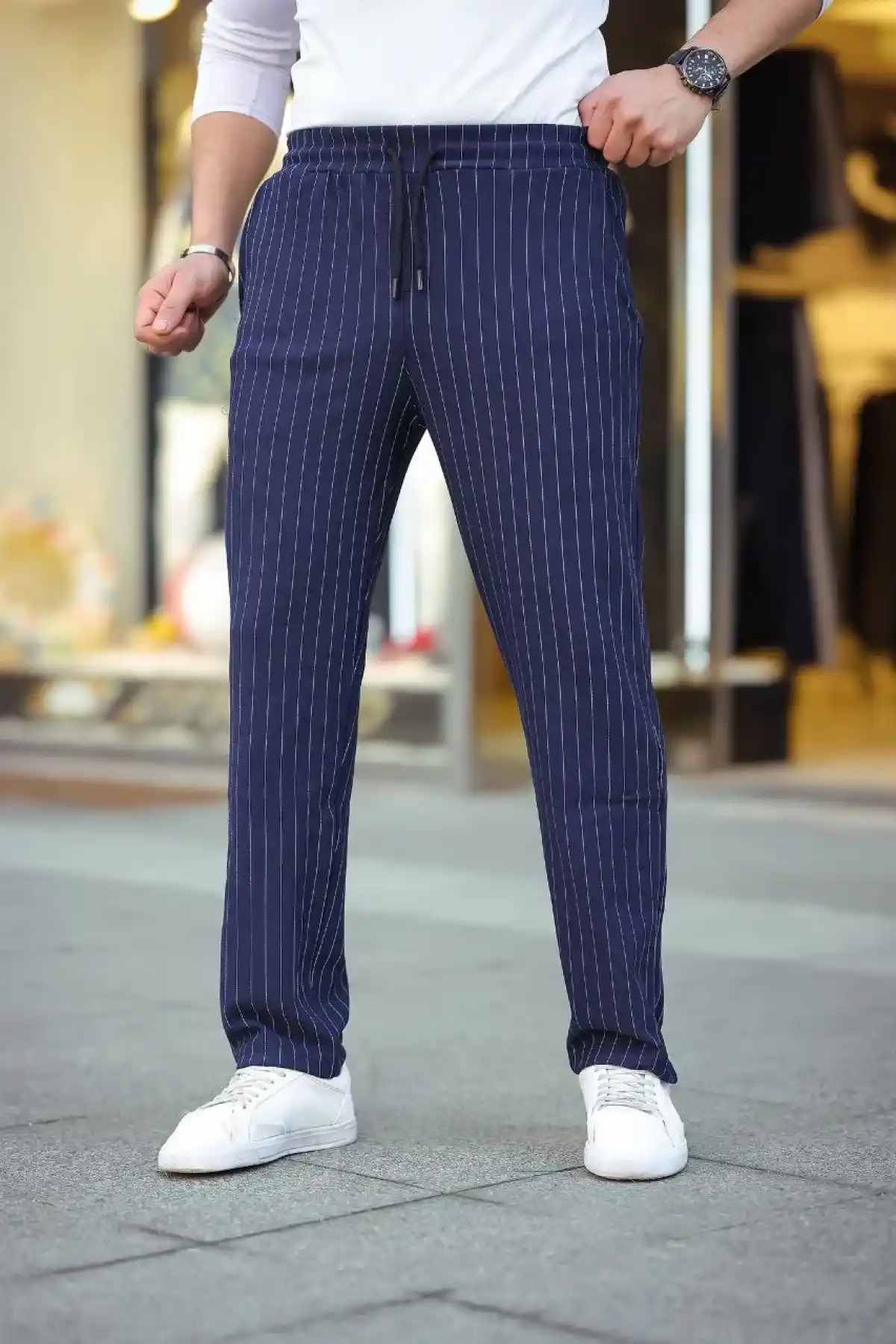 Erkek Cizgili Dokuma Krep Jogger Buggy Pantalon Rahat kalıp - Lacivert