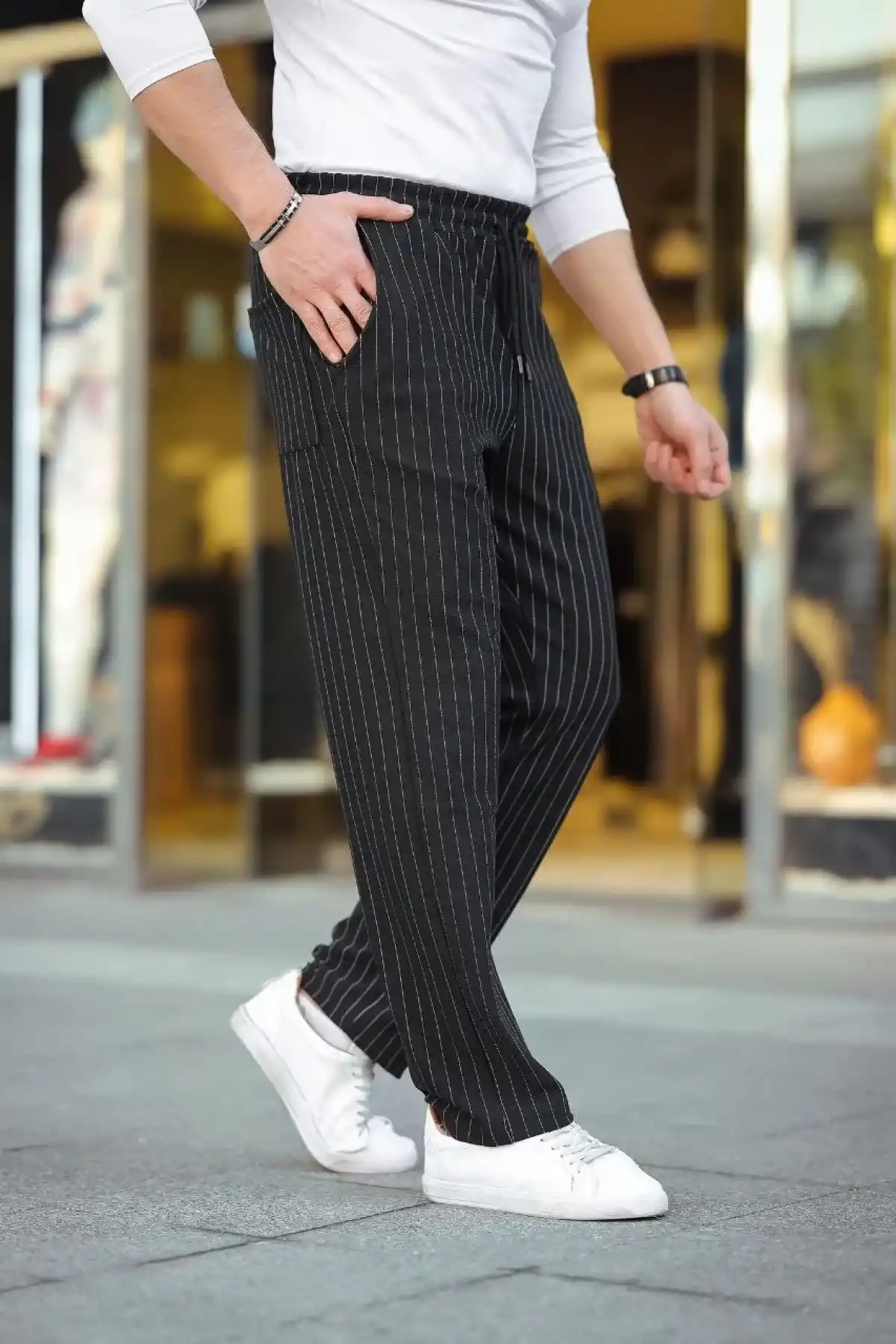 Erkek Cizgili Dokuma Krep Jogger Buggy Pantalon Rahat kalıp - Siyah