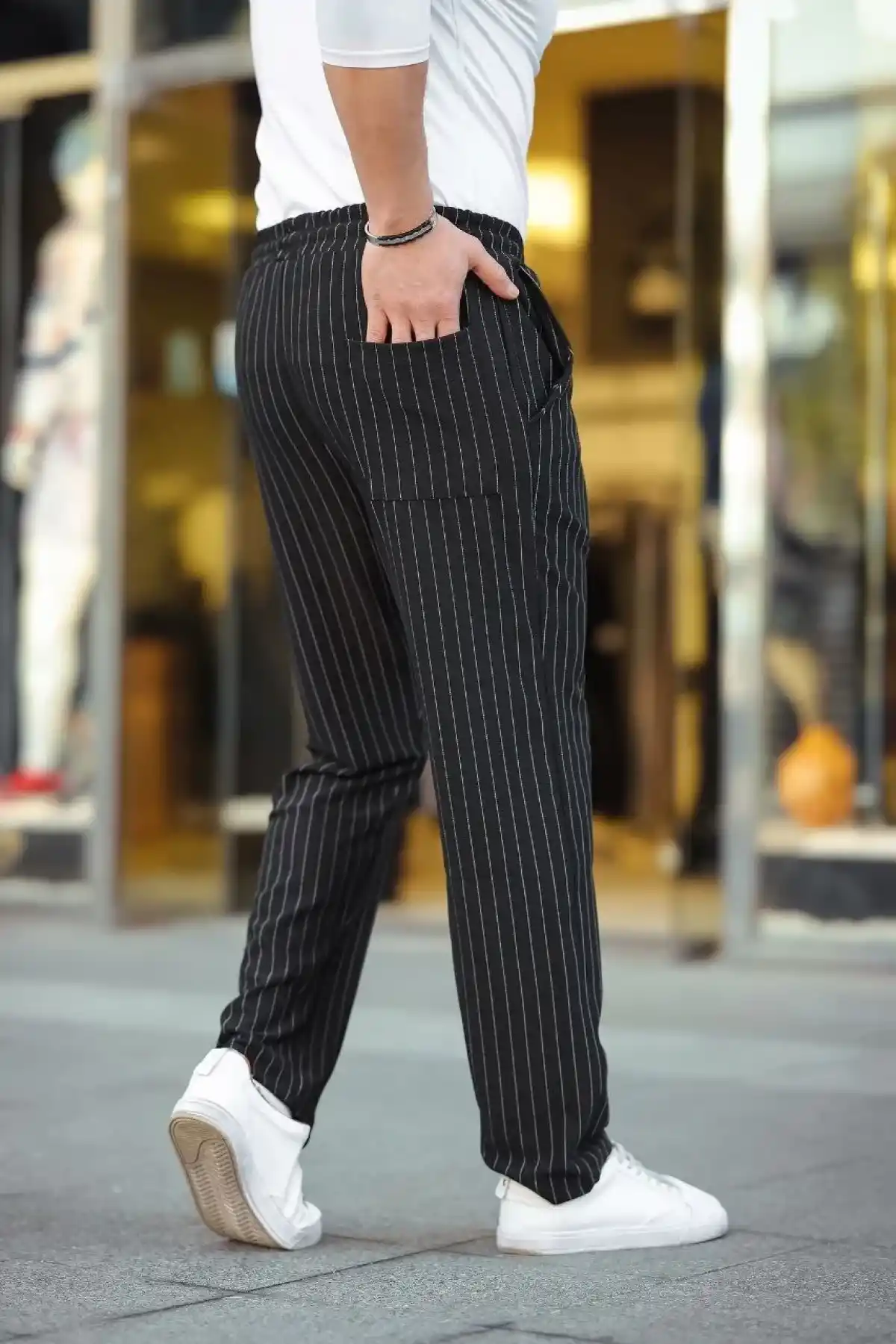 Erkek Cizgili Dokuma Krep Jogger Buggy Pantalon Rahat kalıp - Siyah